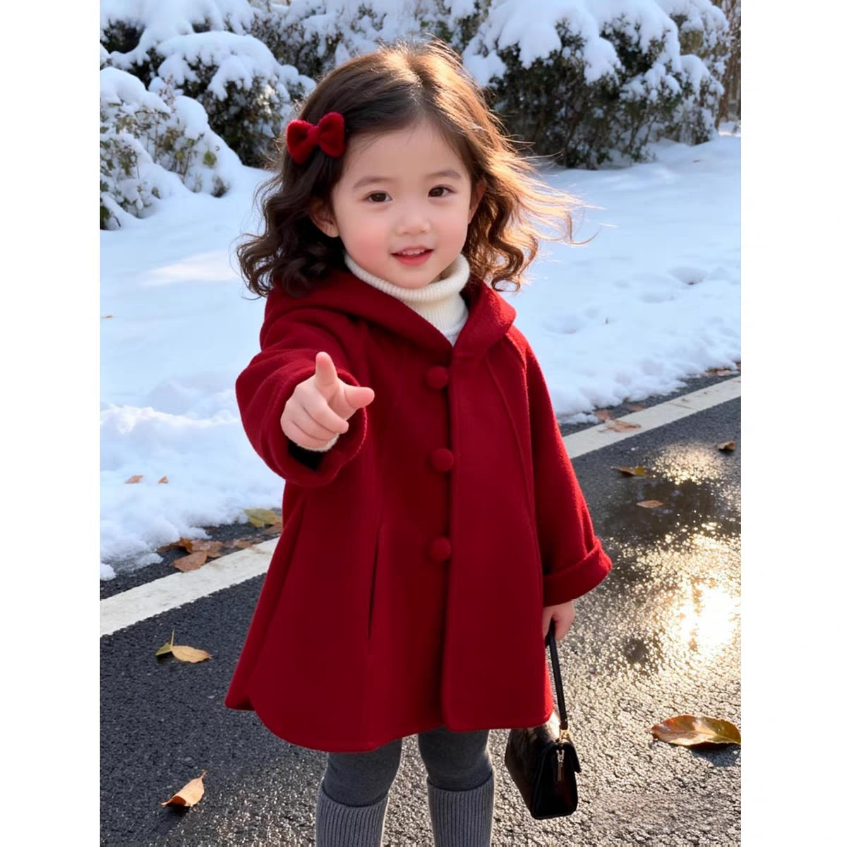 Winter Clothing For Toddlers - 女の子用ウールコート 秋冬新作 キッズ レッド フード付き ベビー