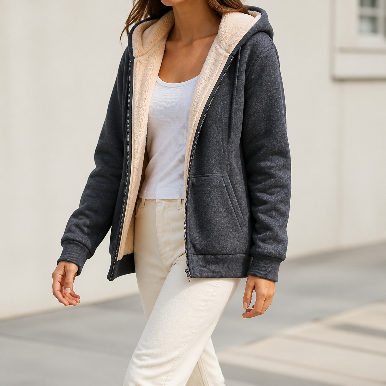 Winter Clothing Sale Women - レディース冬物セール ジップアップパーカー ルーズフィット 長袖 フリース裏地 無地