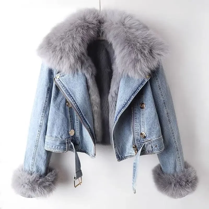 Winter Clothing Pk - 女性用の短い厚手のデニムジャケット,フェイクフォックスファー,カウボーイコート,暖かいアウター,カジュアルなパンクトップ,バイカーコート,ショート,y2k,秋冬,2020