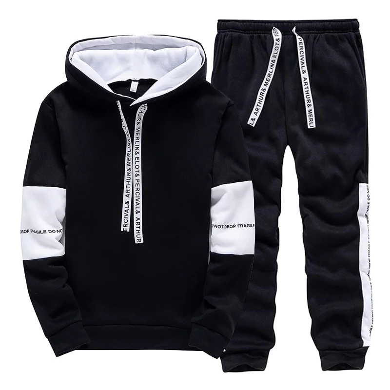Winter Clothing Usa - 黒、白のメンズトラックスーツファッションカジュアルフード付きスウェットシャツアウトドアスポーツジョギング服秋冬シングルパーカーパンツ
