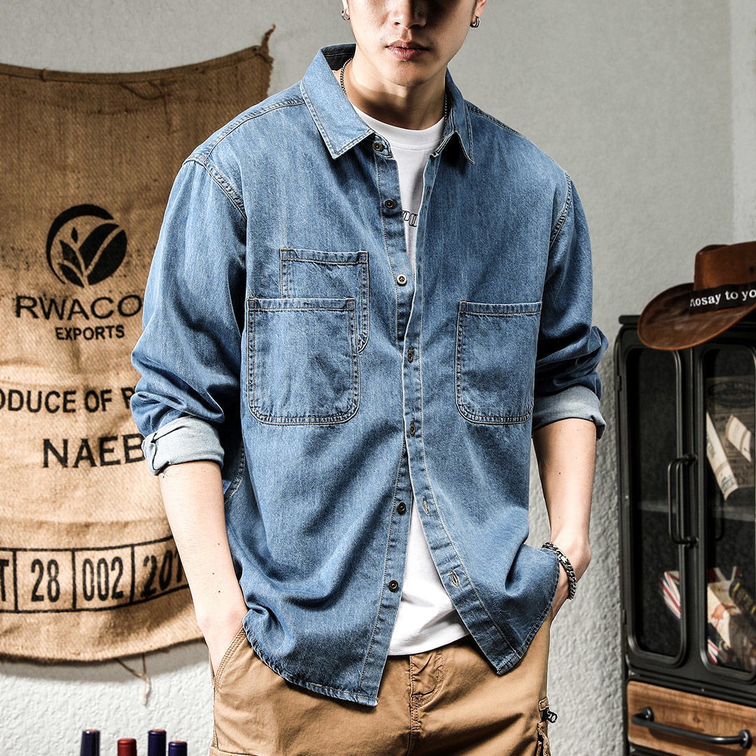 Winter Clothing Matching - 春の若者向けハンサムデニムツール加工長袖シャツメンズインスタ風トレンド万能カジュアルアメリカンレトロシャツジャケット