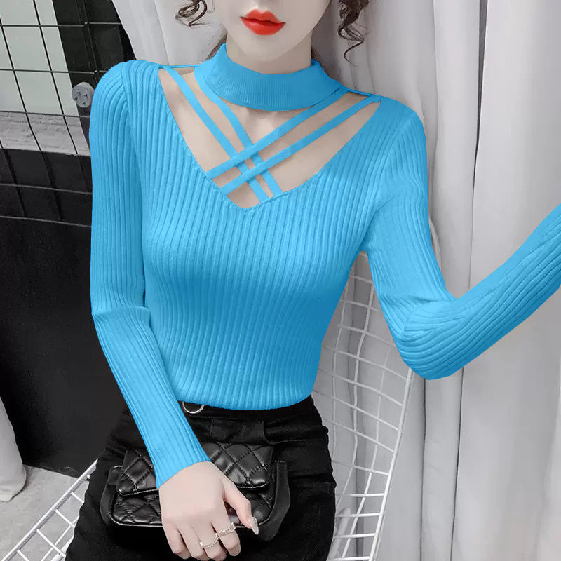Winter Clothing Sale Women - 女性のためのニットセーターホルターネック衣類販売エレガントな和風トレンド韓国秋中空ブルー女性プルオーバー
