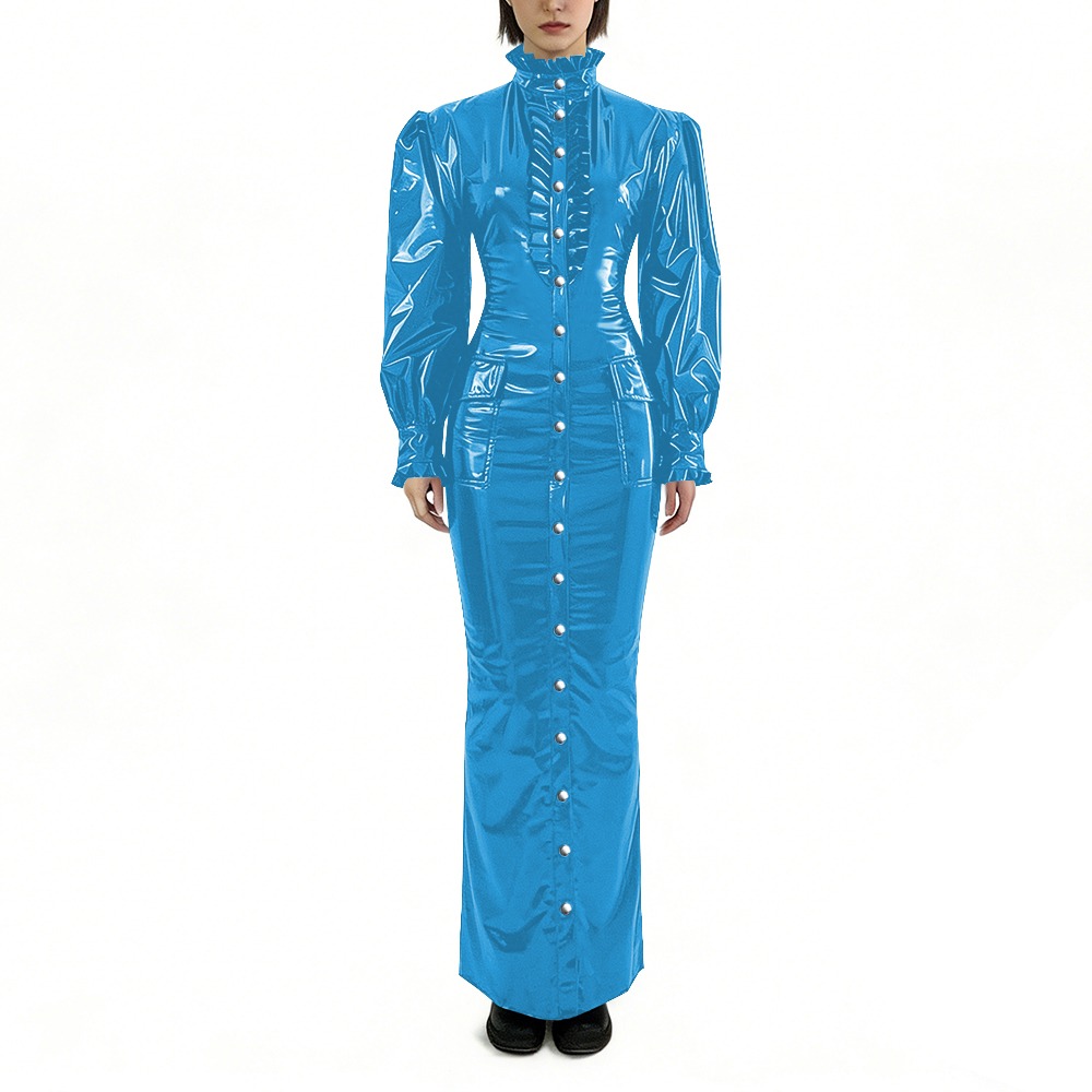 Winter Clothing For Plus Size Women - 光沢のある PVC ロングペンシルドレスプラスサイズの婦人服パフ長袖ボタンダウンボディコンドレス女性ゴシックパーティー衣装