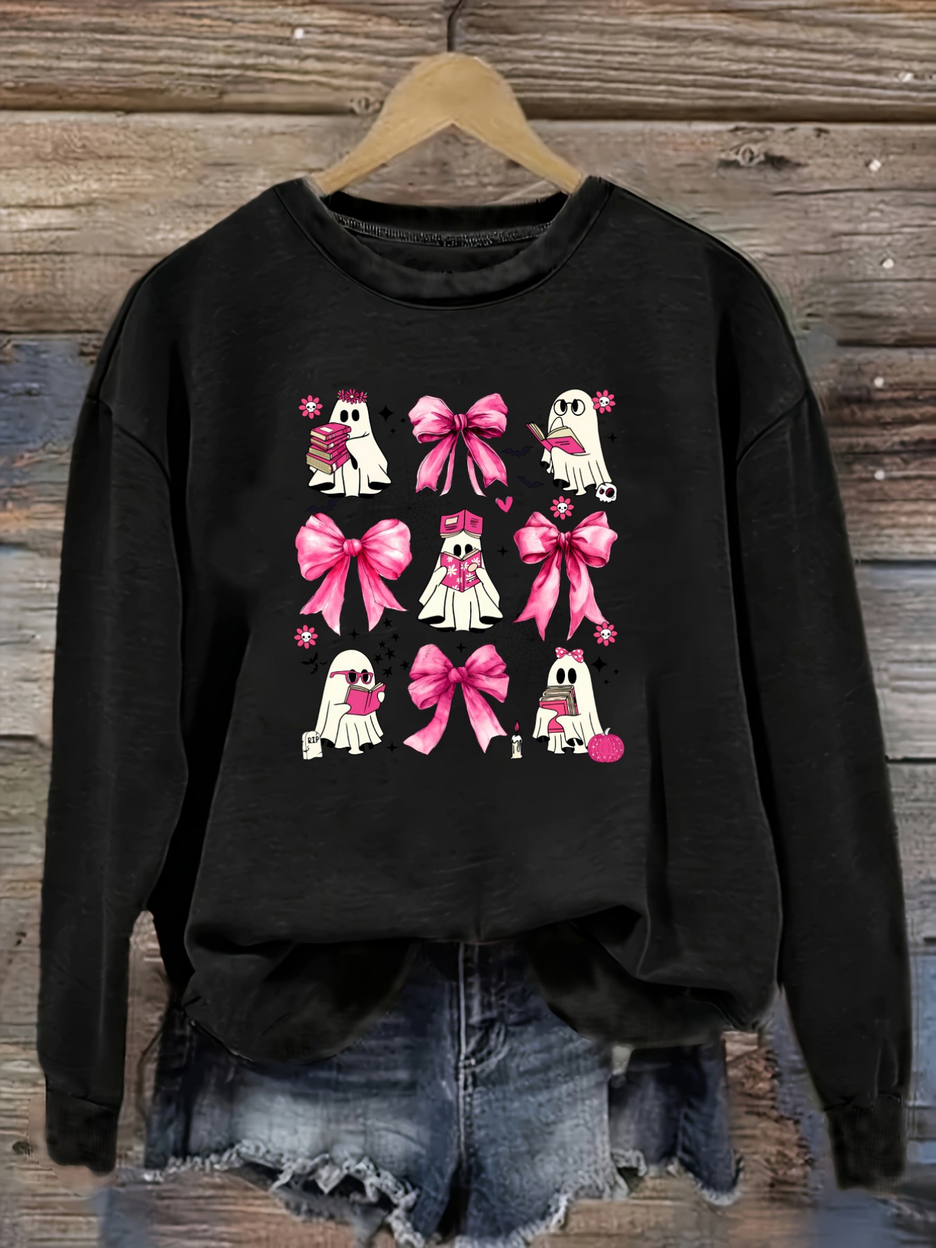 Winter Clothing Usa - レディースカジュアル長袖クルーネックTシャツ、ピンクのリボンが付いた可愛いゴーストデザイン、ラウンドネック婦人服、洗濯機で洗える、やや伸縮性あり、ゆったりフィット、春・秋・冬用レディースTシャツ、クリスマス衣装