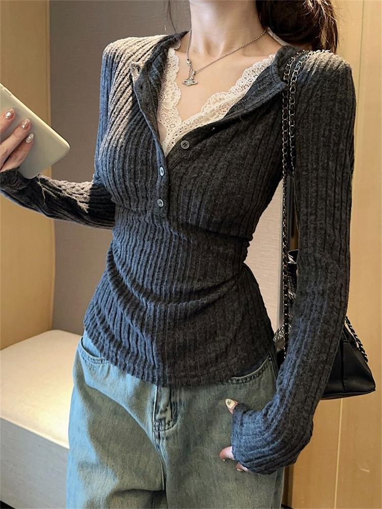 Winter Clothing Aesthetic - 女性のトップレースパッチワーク長袖 Tシャツベースシャツファッションヴィンテージフェイクツーピース V ネック Tシャツ美的服