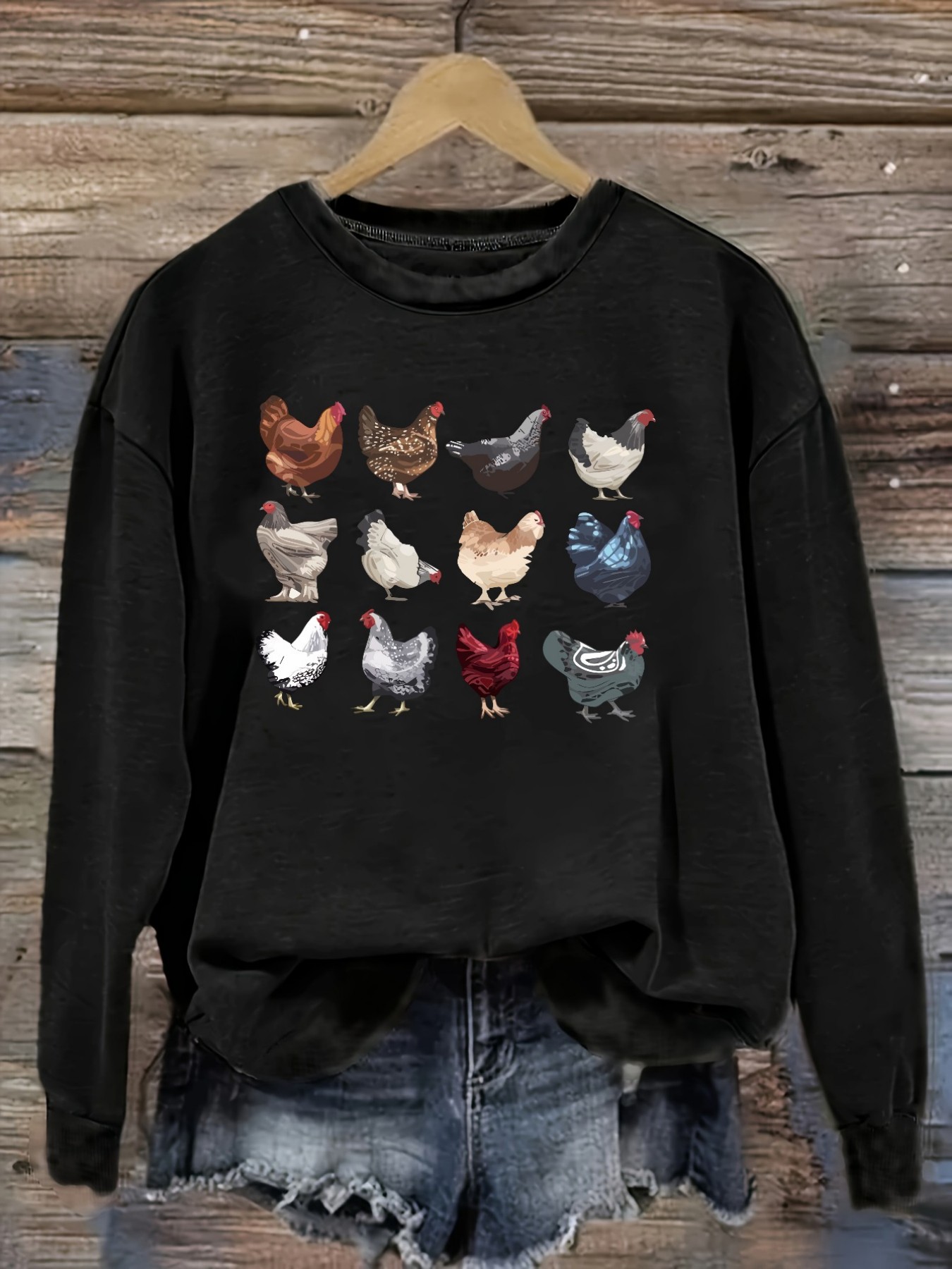 Winter Clothing Usa - レディースカジュアル長袖クルーネックTシャツ、カラフルな鶏のイラストプリントデザイン、ラウンドネック婦人服、洗濯機で洗える、やや伸縮性あり、ゆったりフィット、春・秋・冬用レディースTシャツ、ハロウィンコスチューム衣装