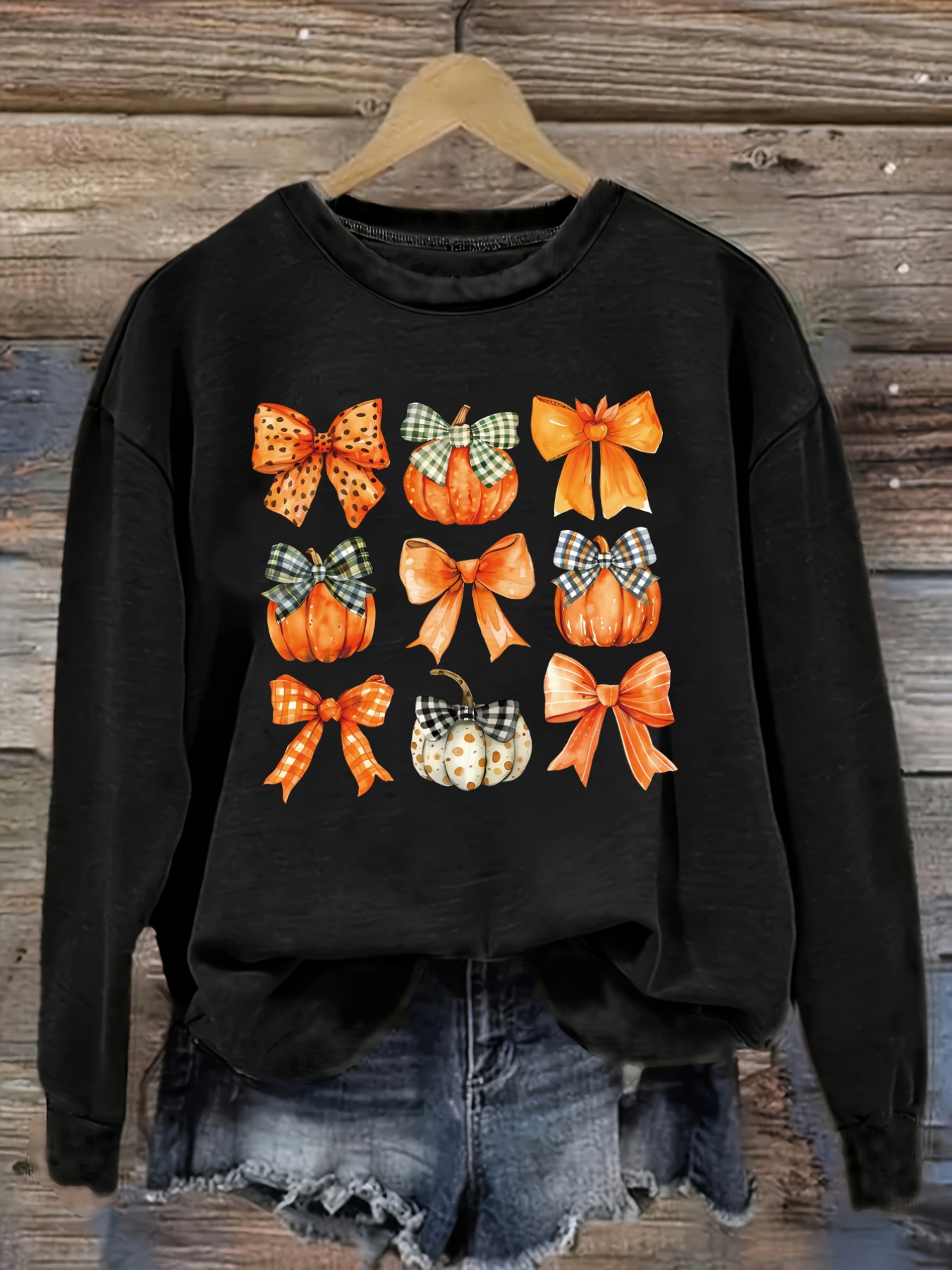 Winter Clothing Usa - レディースカジュアル長袖クルーネックTシャツ、カボチャとリボン柄プリントデザイン、ラウンドネック婦人服、洗濯機で洗える、やや伸縮性あり、ゆったりフィット、春・秋・冬用レディースTシャツ、クリスマス衣装