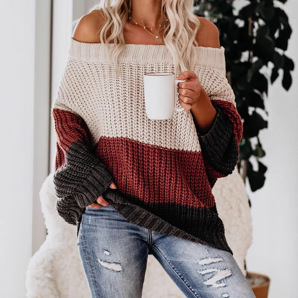 Winter Clothing Sale Women - レディースオフショルダー長袖ルーズフィットストライプクロップドダメージセーター 冬物レディース服 セール 激安 送料無料