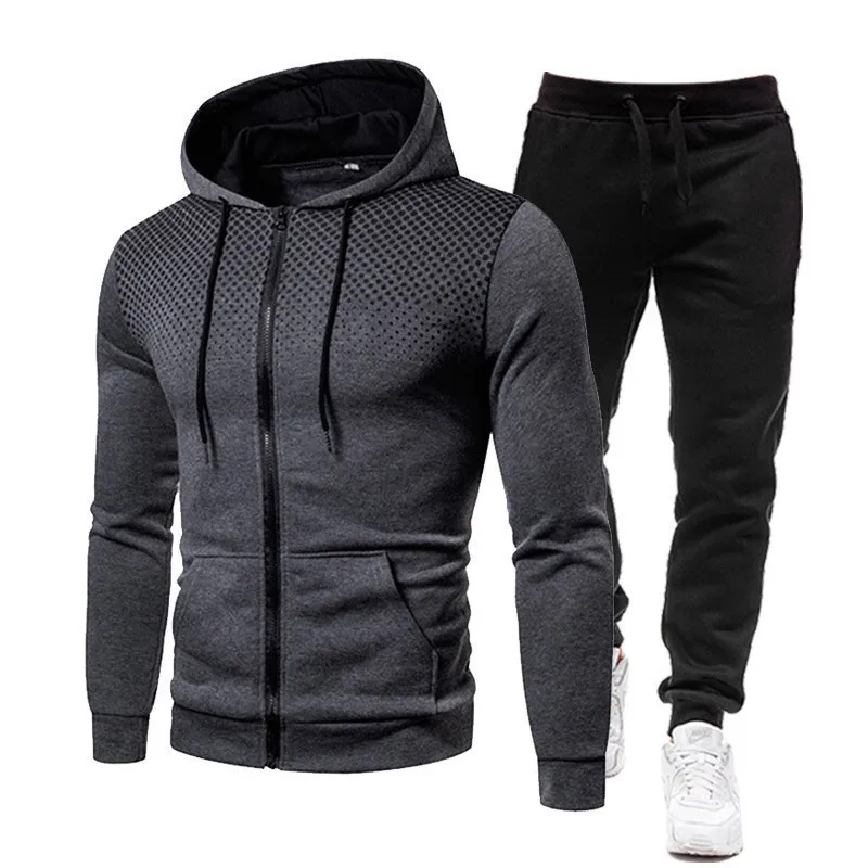 Winter Clothing Usa - 2026年メンズスポーツセット アウトドアランニングウェア 春秋 ドットプリント ジップアップパーカーとスポーツパンツの2点セット