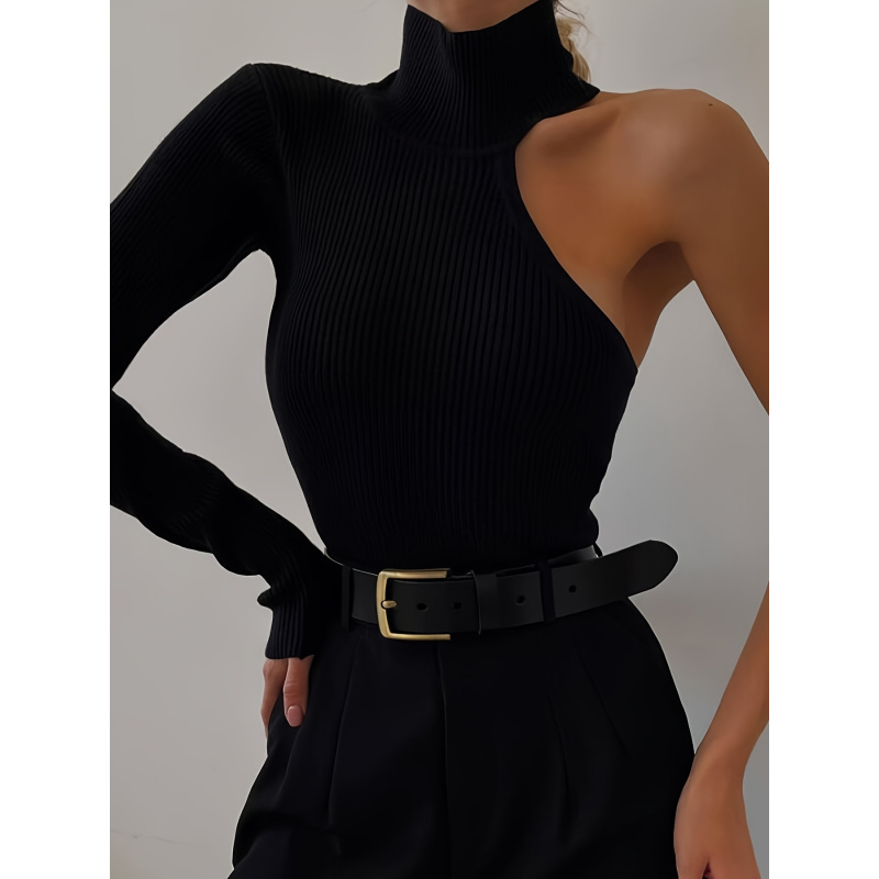 Winter Clothing For Women - ソリッドアシンメトリーワンショルダーリブニット長袖ボディスーツ、セクシーな秋冬ワンピースボディスーツ、レディース服
