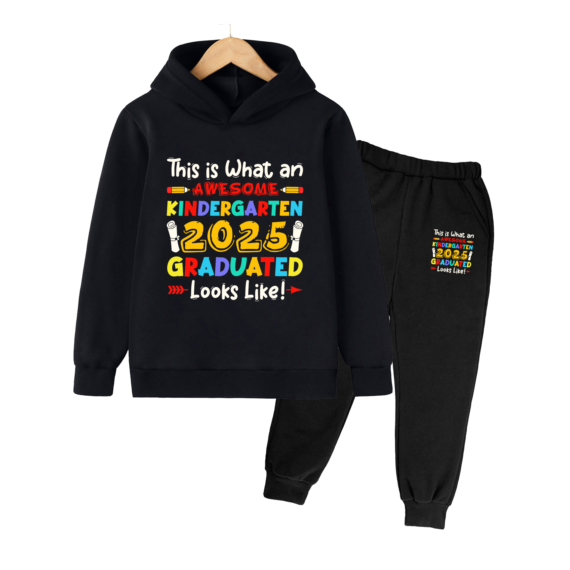Winter Clothing Kindergarten - キッズ用パーカー＆パンツセット、カラフルな2025年幼稚園卒業生プリント、男の子と女の子の卒業式用カジュアルウェア