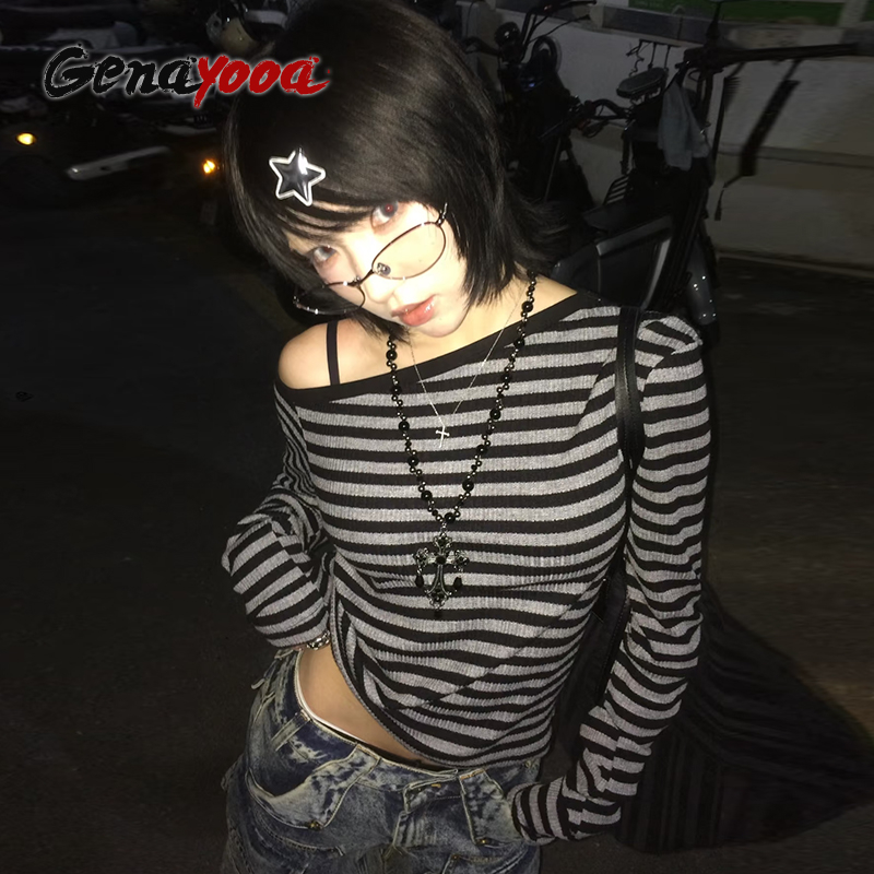 Winter Clothing Aesthetic - Genayooa 日本 Y2k Tシャツ女性長袖オフショルダーストライプクロップトップス Y2k グランジ