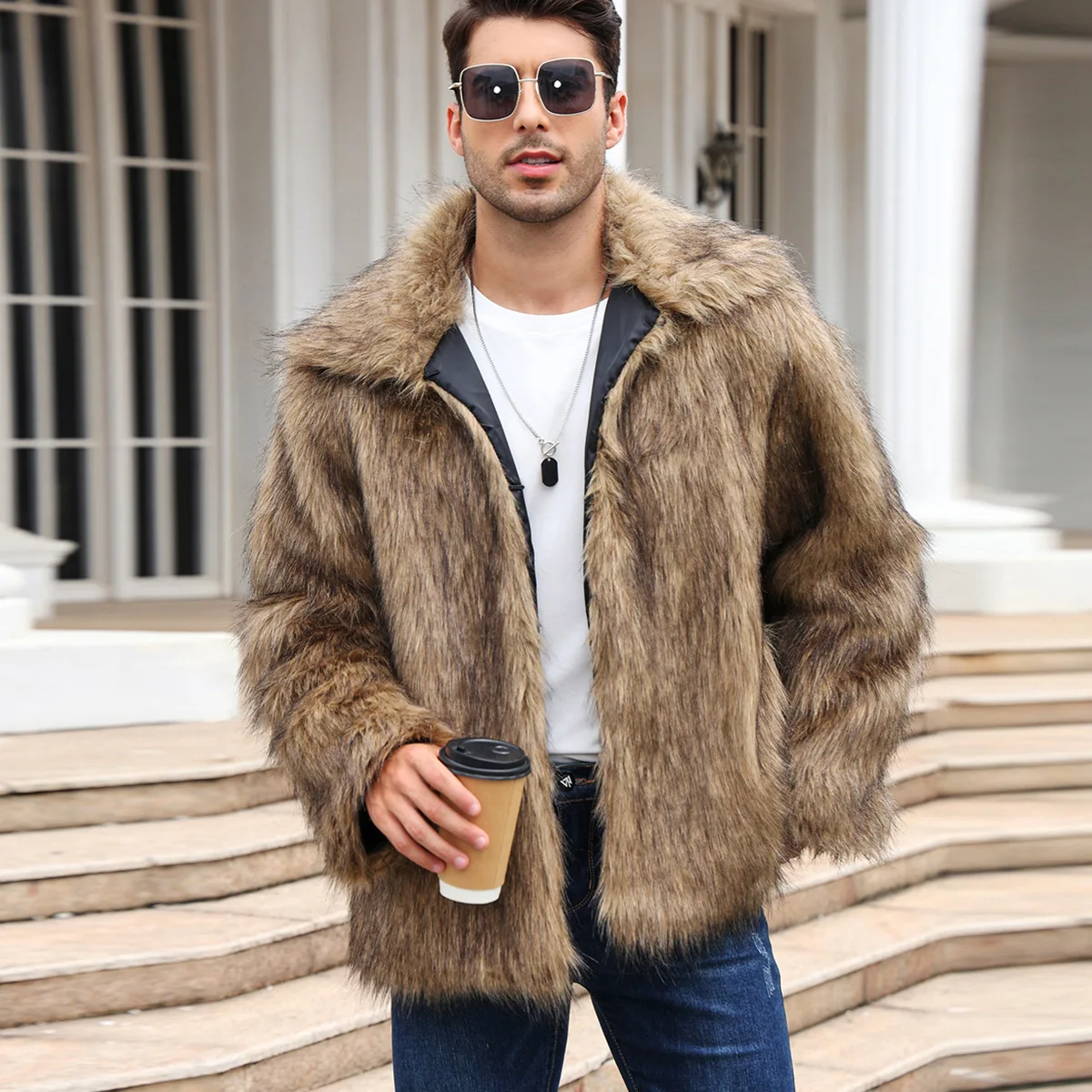 Winter Clothing Matching - 男性フェイクフォックスファージャケットコート冬厚いふわふわ長袖ラペル暖かいシャギー上着高級毛皮ジャケット Bontjas ジャケットメンズ