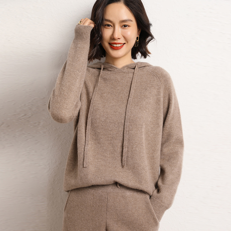 Winter Clothing Matching - 100% カシミヤ女性用マッチングセットフード付き襟プルオーバーセーターカジュアルソリッドニットパンツ 2 点セットルーズ婦人服