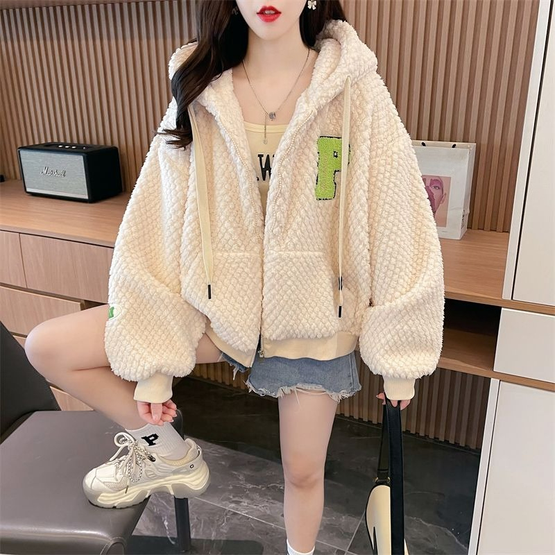 Winter Clothing Drawing - 秋と冬のパーカートレーナー女性のための厚いプロモーション韓国服ノベルティラムズウール女性フード付きトップス暖かい寒さ