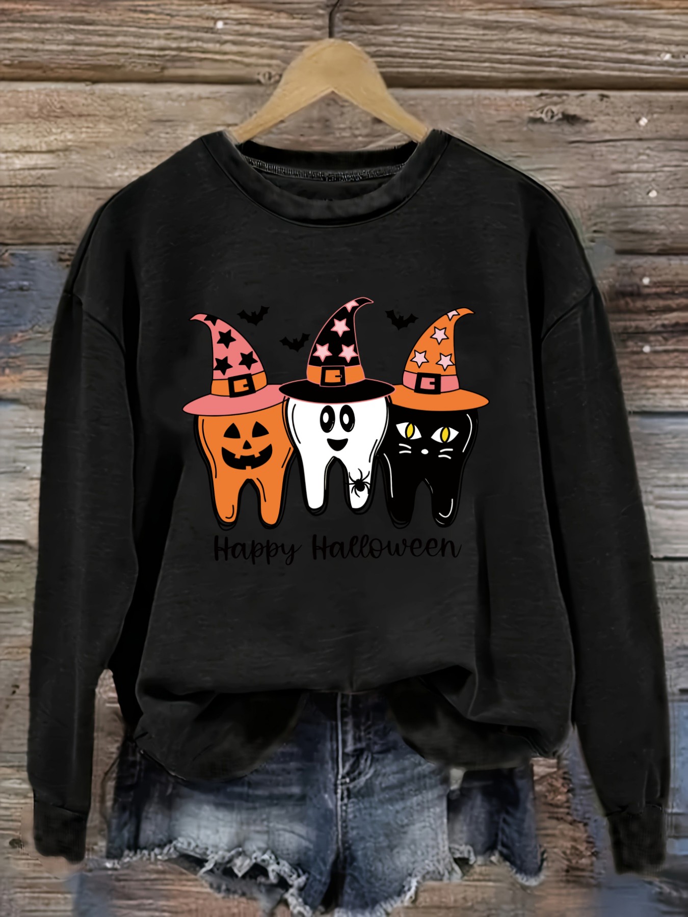 Winter Clothing Usa - レディースカジュアル長袖クルーネックTシャツ、ハッピーハロウィン歯の魔女帽子デザイン、ラウンドネック婦人服、洗濯機で洗える、やや伸縮性あり、ゆったりフィット、春・秋・冬用レディースTシャツ、ハロウィンコスチューム衣装