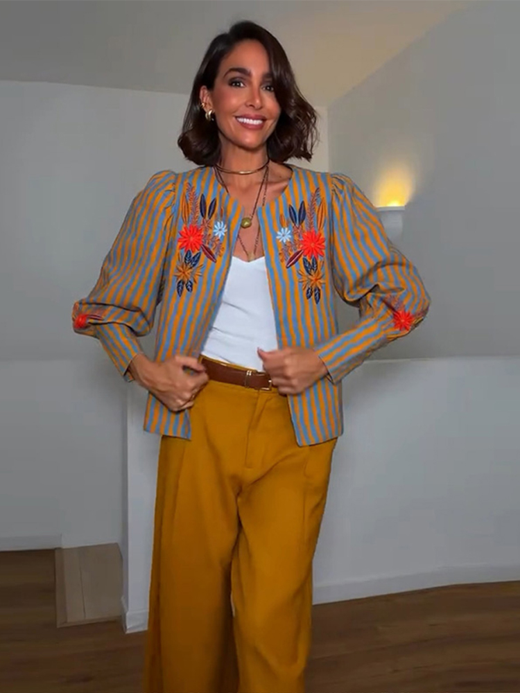 Winter Clothing For Women - 2026年初秋ストライプフラワー刺繍ジャケットラウンドネック長袖ルーズコートカジュアル新作デイリーレディース服