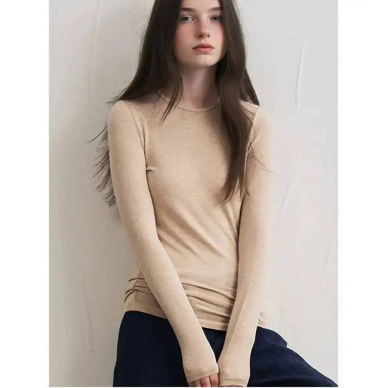 Winter Clothing For Women - レディースカシミヤ混紡長袖トップス 秋冬用 ソフトモーダルストレッチ スリムフィット ラウンドネック ベーシックレイヤリングニットTシャツ