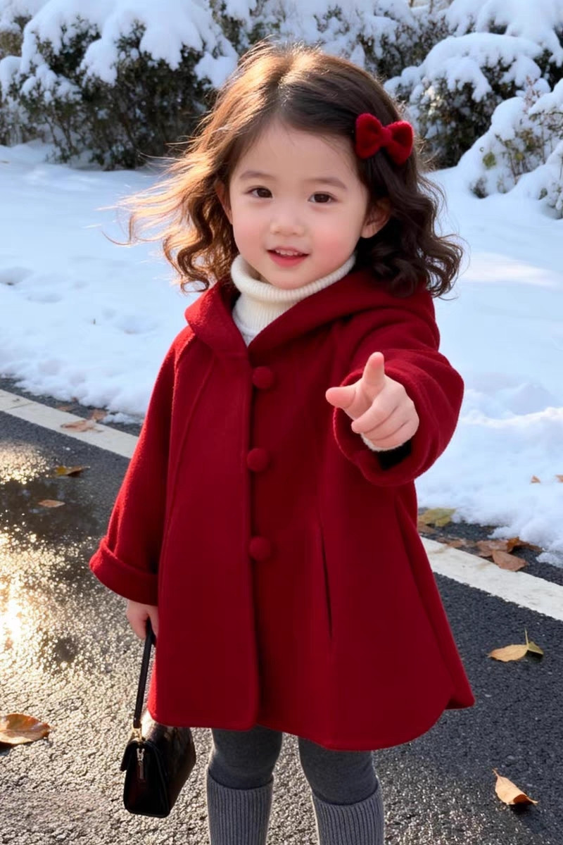 女の子用ウールコート 秋冬新作 キッズ レッド フード付き  - Winter Clothing For Toddlers のレビューと価格