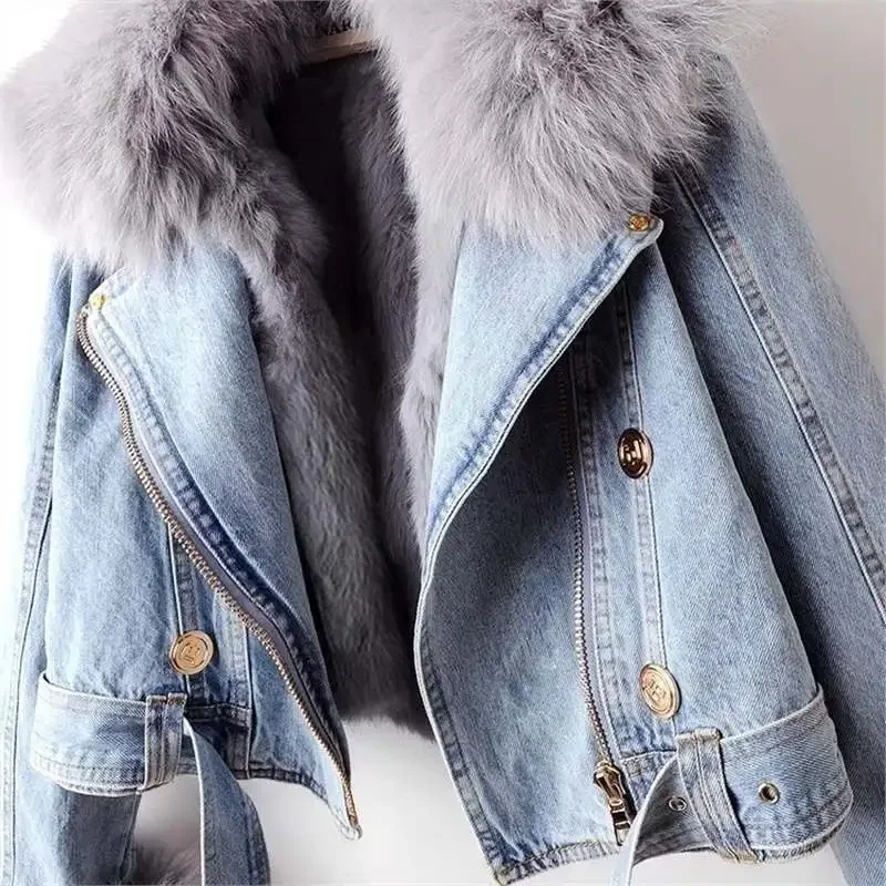 女性用の短い厚手のデニムジャケット,フェイクフォックスファー - Winter Clothing Pk のレビューと価格