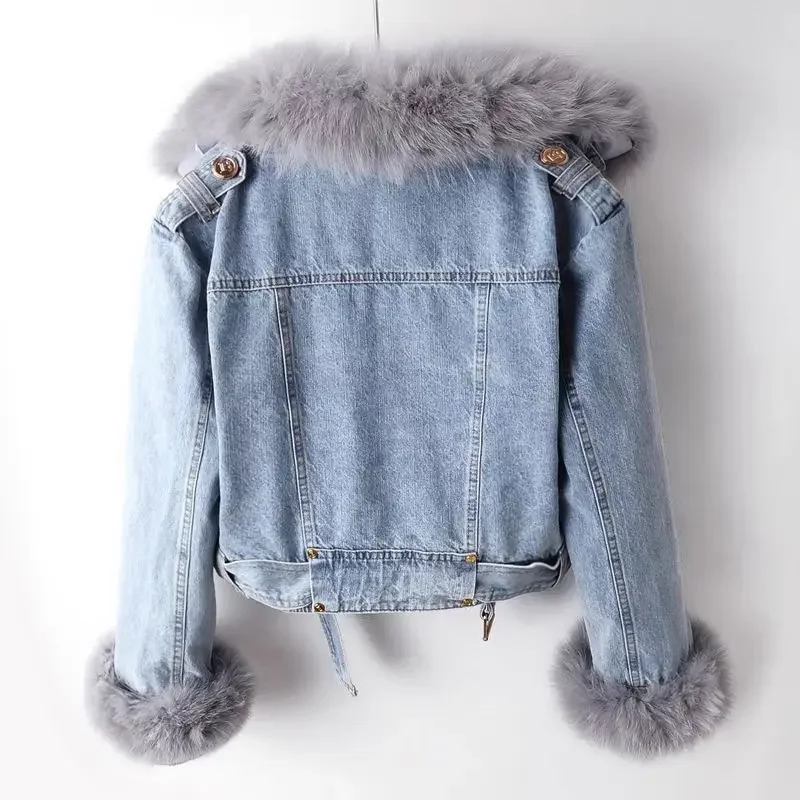 女性用の短い厚手のデニムジャケット,フェイクフォックスファー - Winter Clothing Pk のレビューと価格