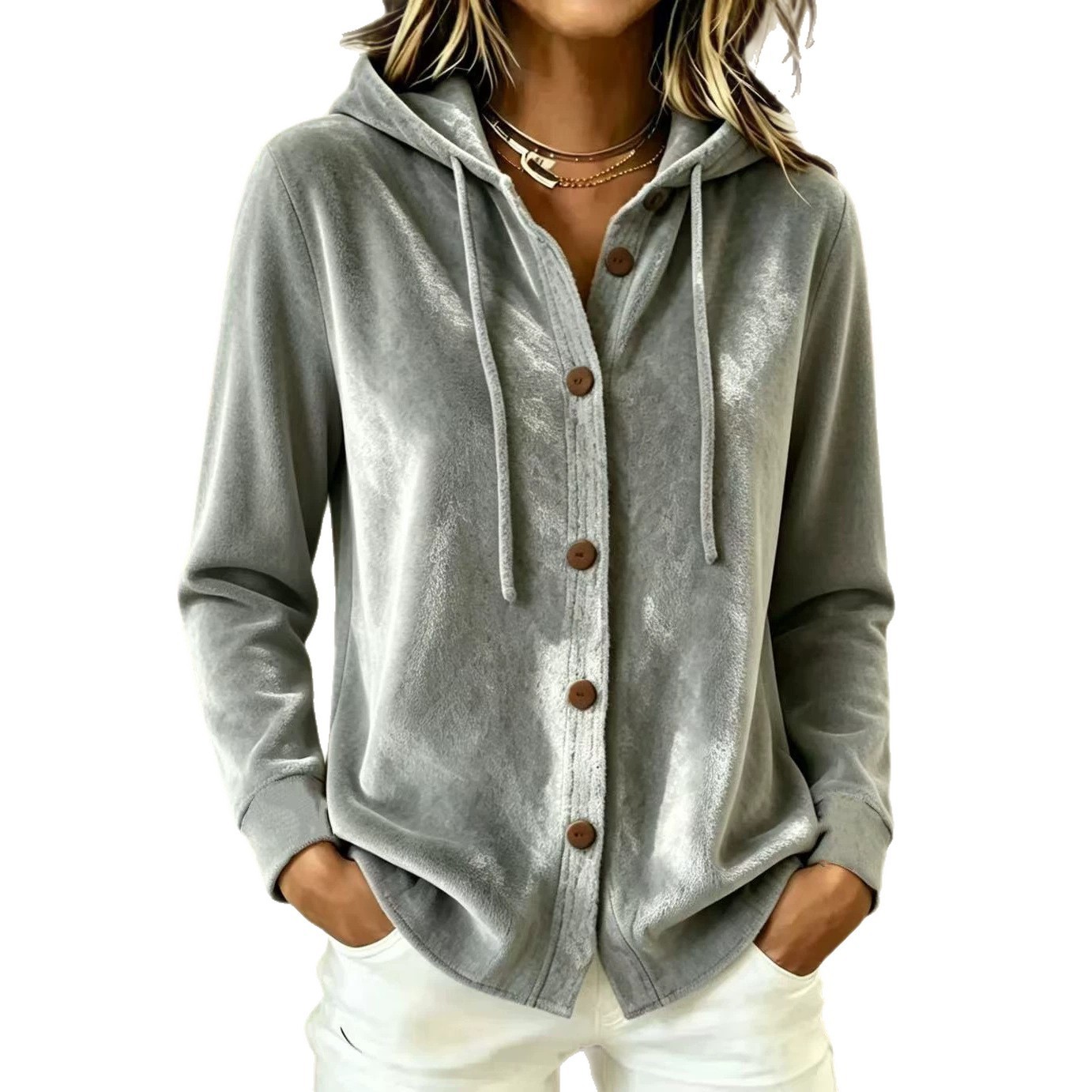 女性の冬服長袖ルーズフィットソリッドカラージッパーフロントフ - Winter Clothing Drawing のレビューと価格