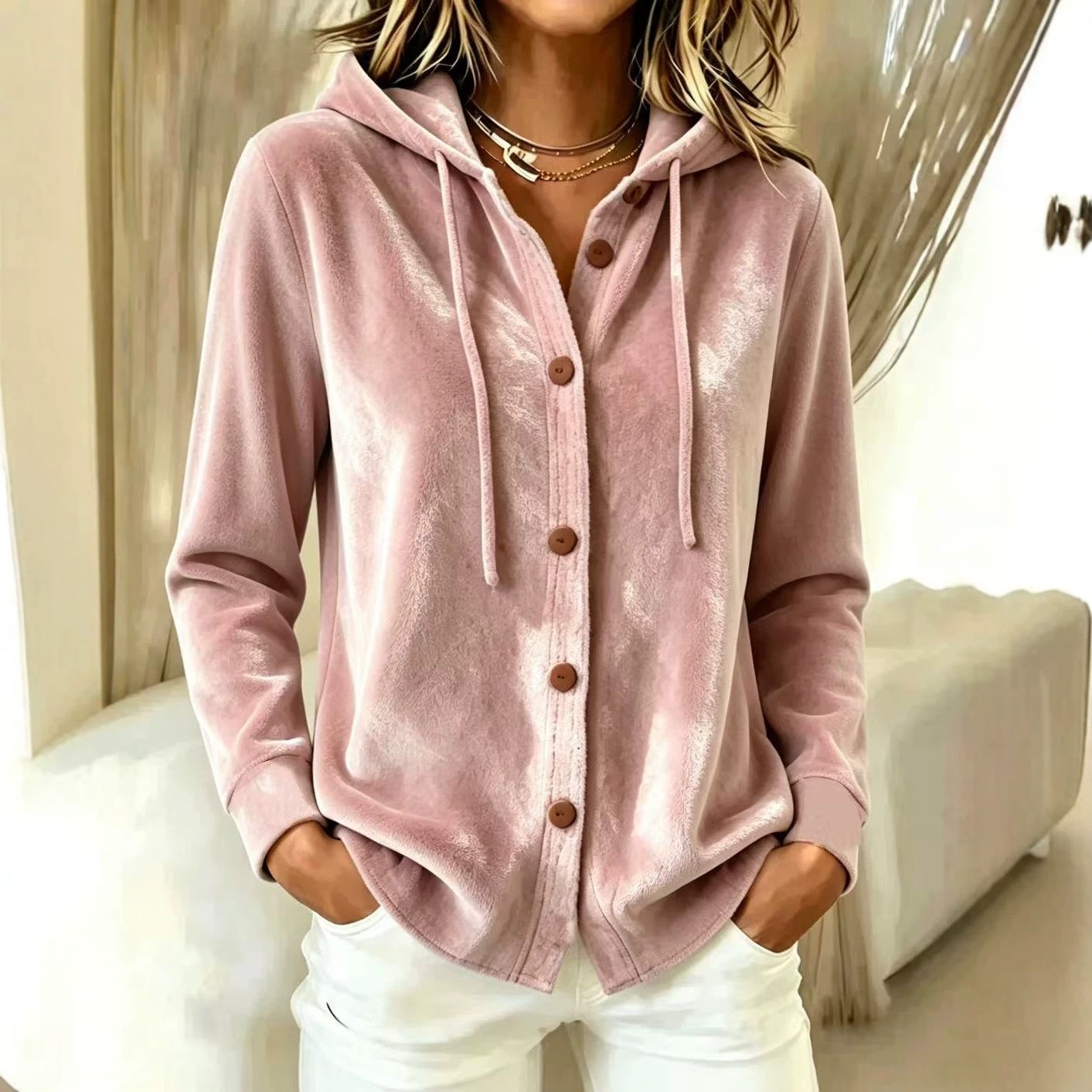女性の冬服長袖ルーズフィットソリッドカラージッパーフロントフ - Winter Clothing Drawing のレビューと価格