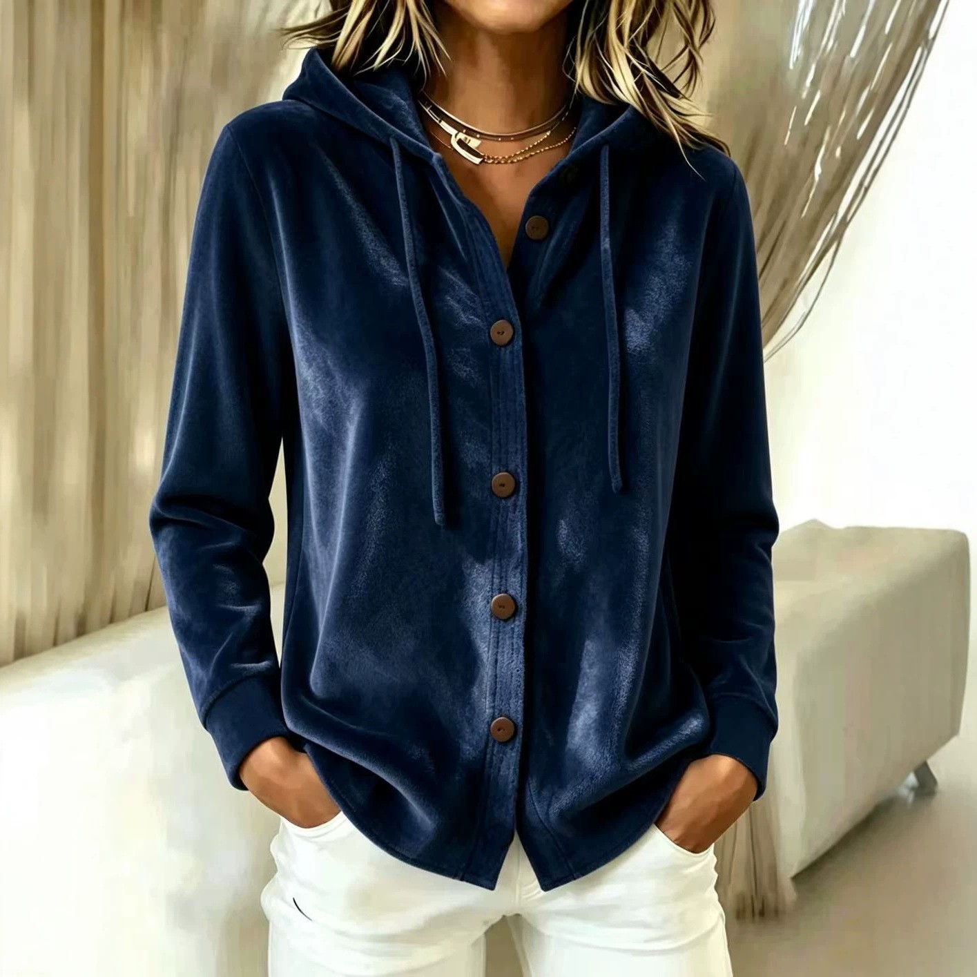 女性の冬服長袖ルーズフィットソリッドカラージッパーフロントフ - Winter Clothing Drawing のレビューと価格