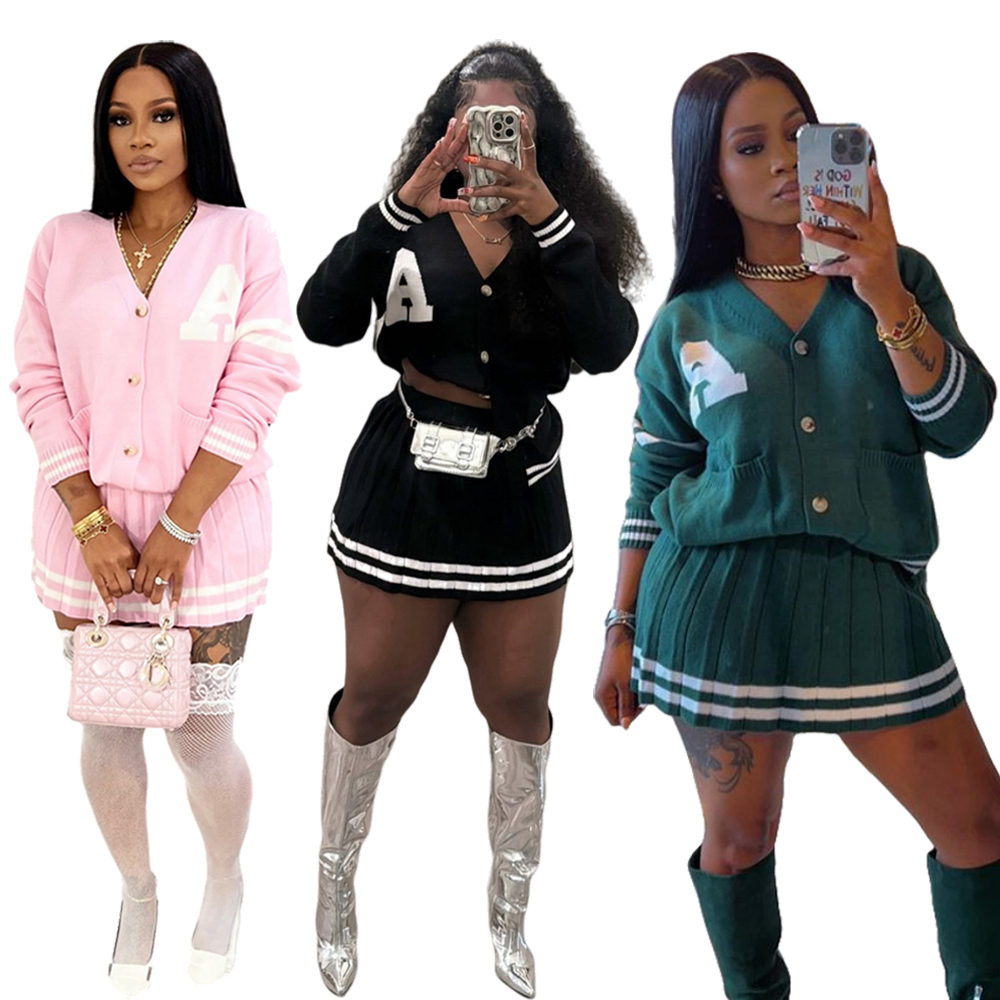 女性用プリーツニットセーターとスカートセット,ストライプ,レ - Winter Clothing Matching のレビューと価格