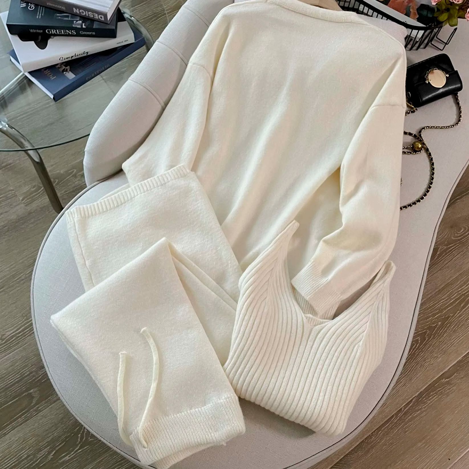 3ピースの女性用ニットスーツ,セーター,カーディガン,ベスト - Winter Clothing Matching のレビューと価格
