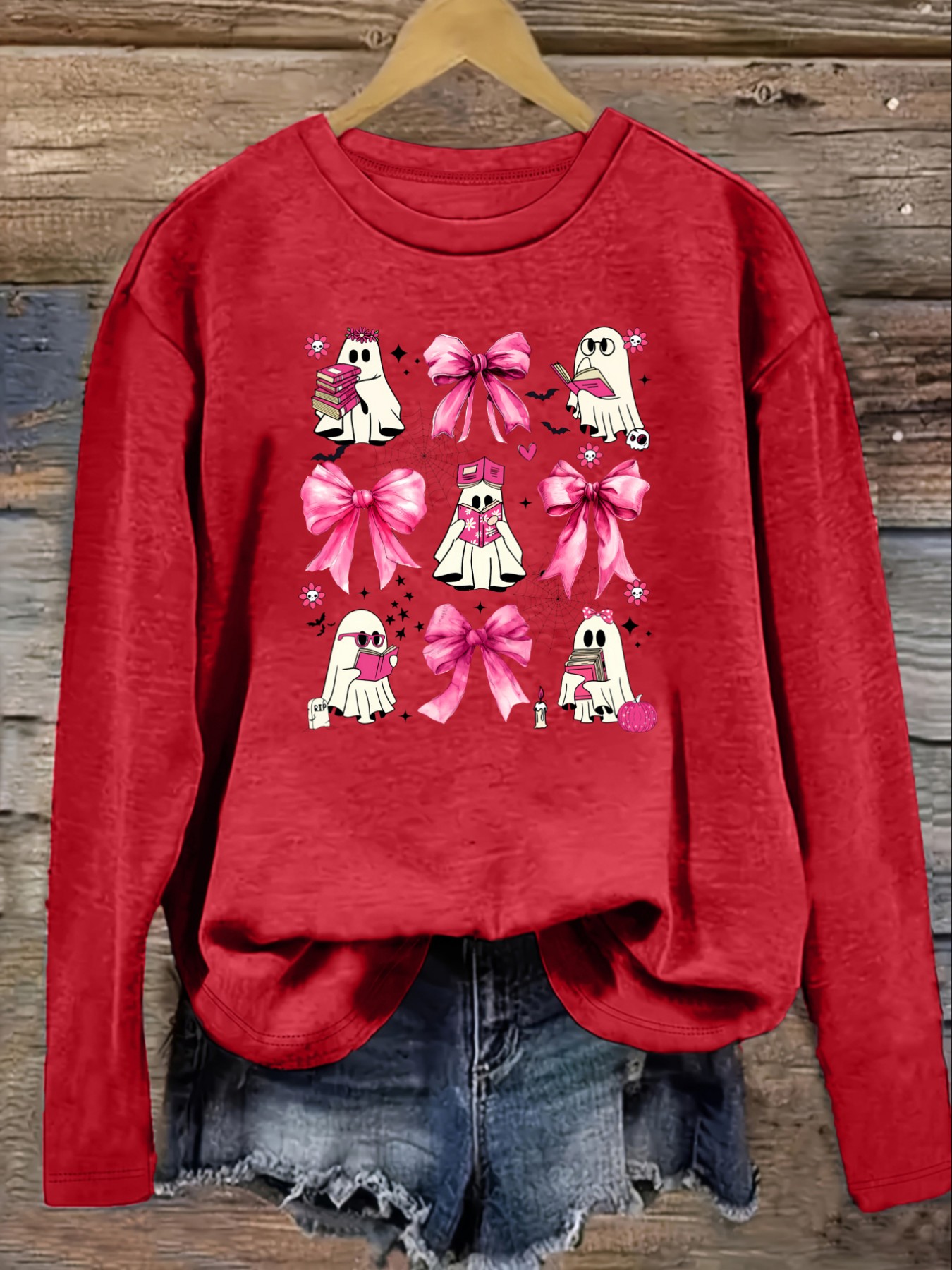 レディースカジュアル長袖クルーネックTシャツ、ピンクのリボン - Winter Clothing Usa のレビューと価格
