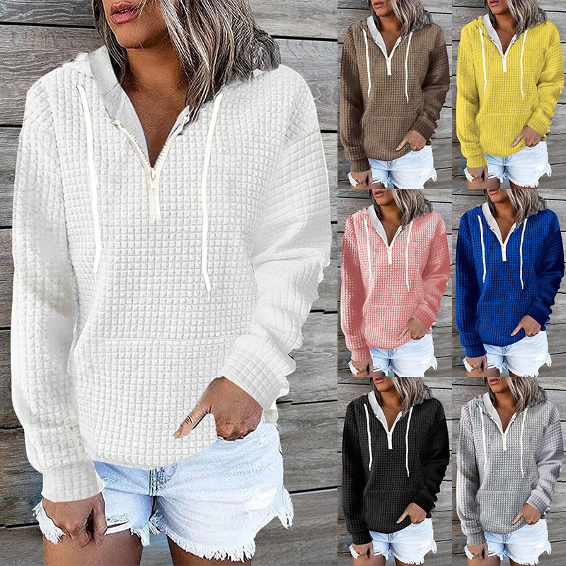 女性用長袖フード付きジッパーパーカー、単色服、ワッフルグリッ - Winter Clothing For Plus Size Women のレビューと価格