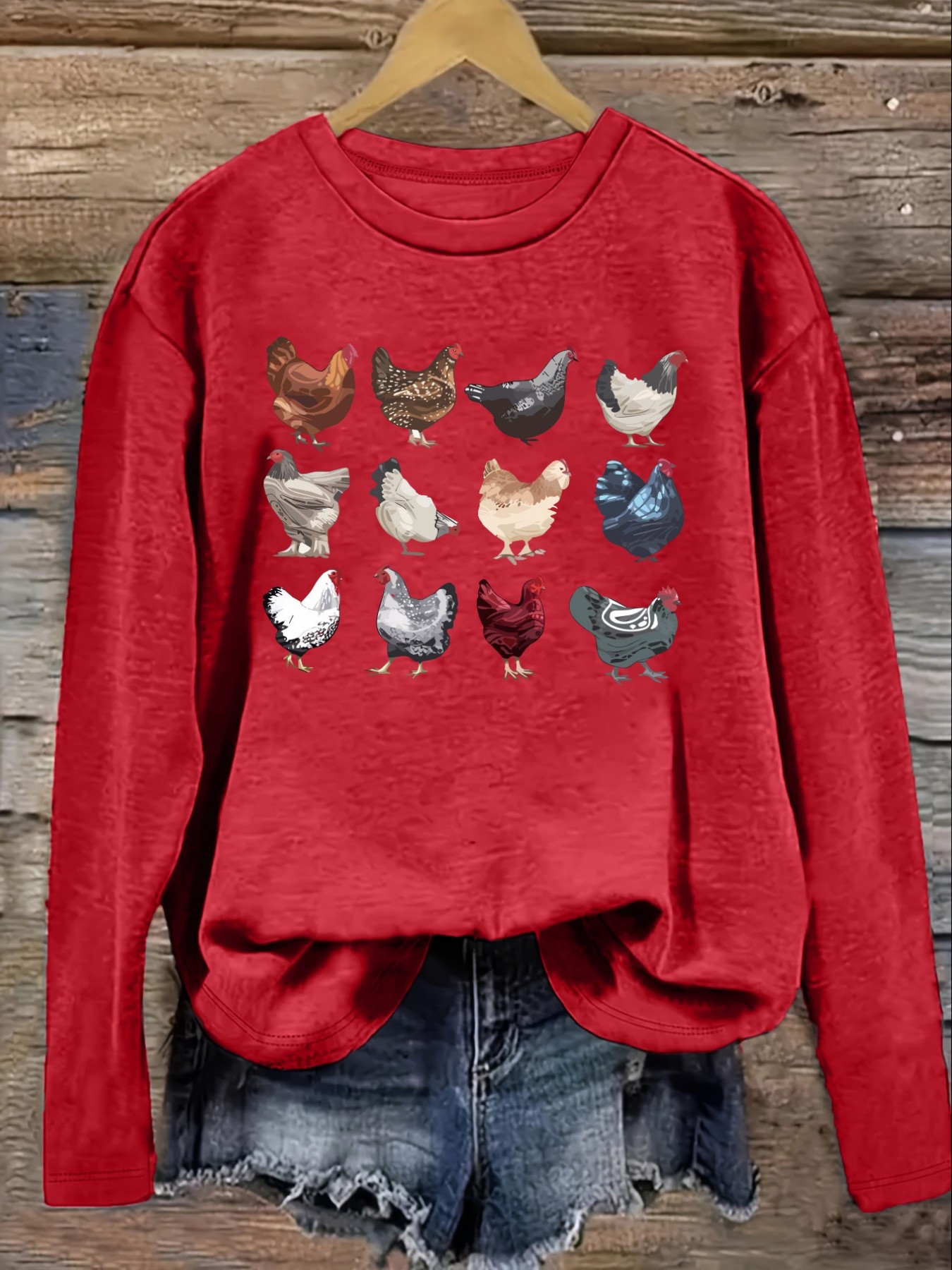 レディースカジュアル長袖クルーネックTシャツ、カラフルな鶏の - Winter Clothing Usa のレビューと価格
