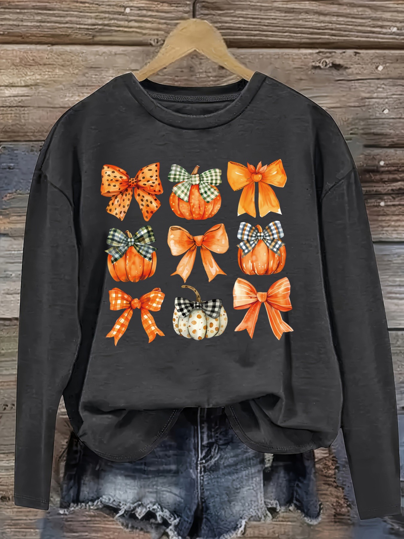 レディースカジュアル長袖クルーネックTシャツ、カボチャとリボ - Winter Clothing Usa のレビューと価格
