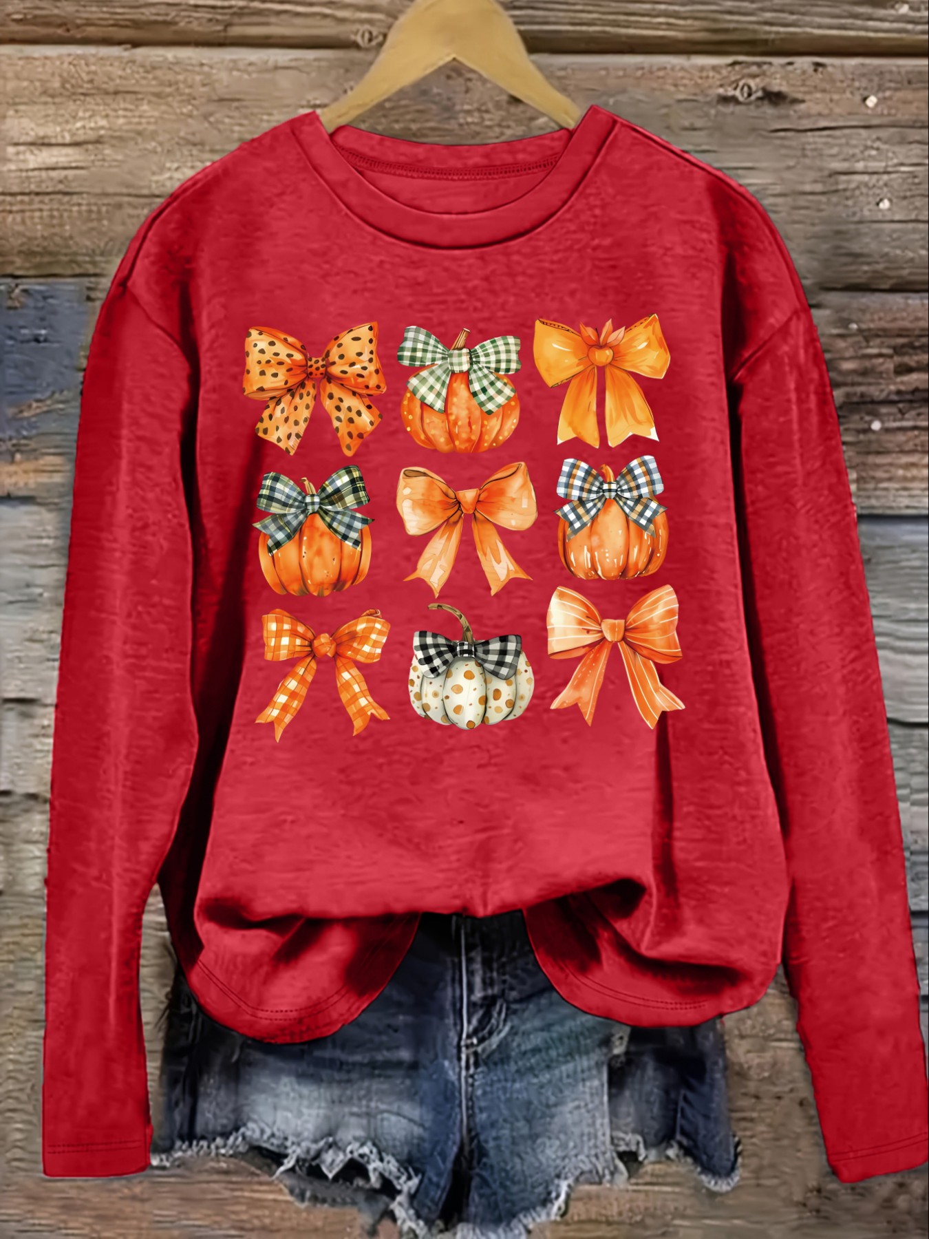 レディースカジュアル長袖クルーネックTシャツ、カボチャとリボ - Winter Clothing Usa のレビューと価格