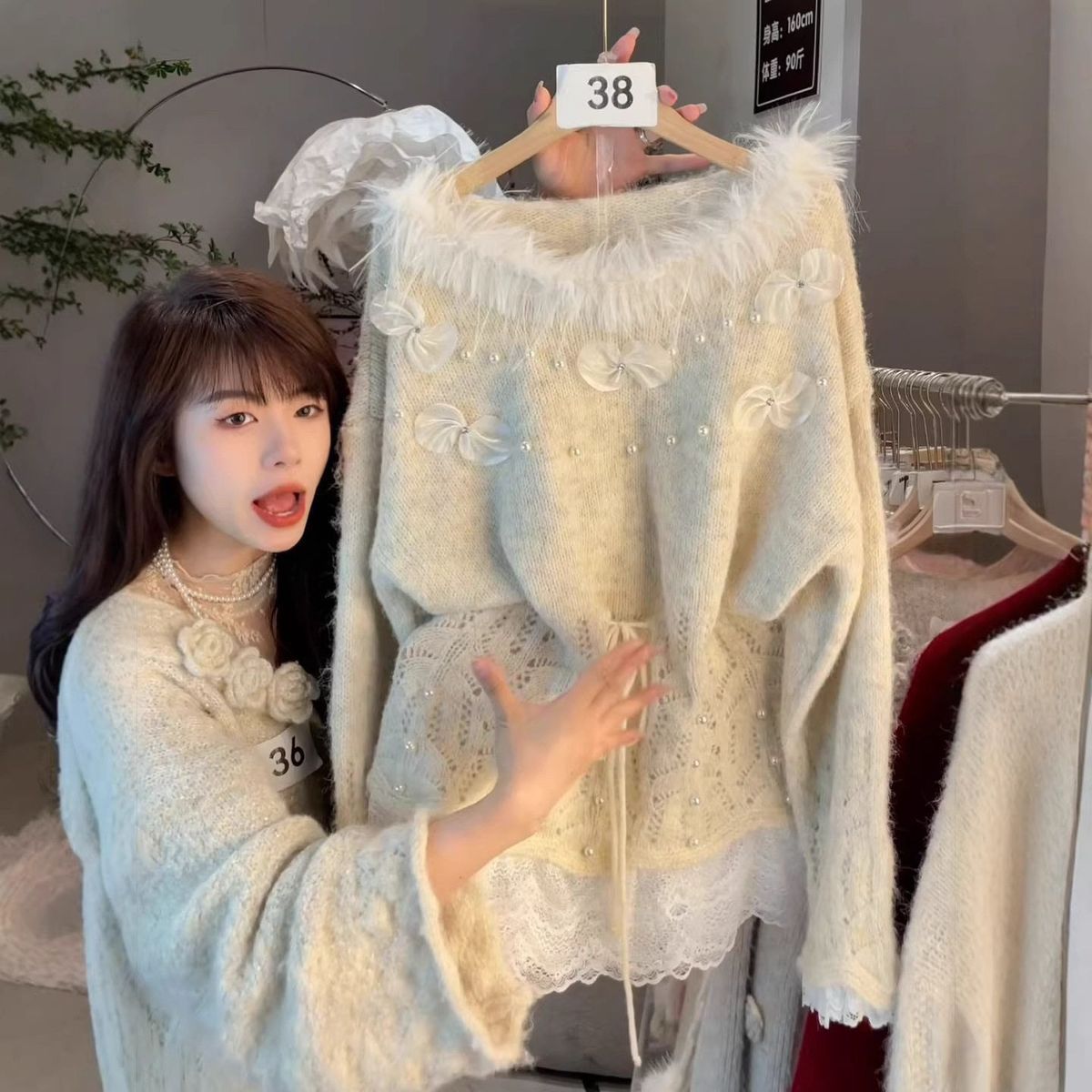 Y2k セーター冬服原宿ルーズレース長袖巾着甘い女の子美的コ - Winter Clothing Aesthetic のレビューと価格