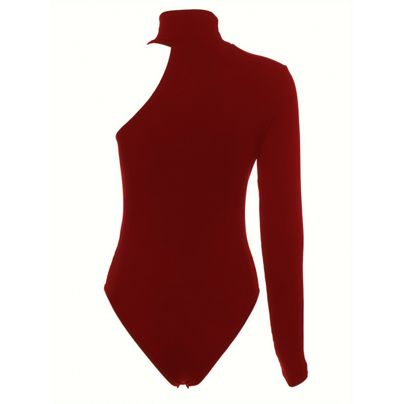 ソリッドアシンメトリーワンショルダーリブニット長袖ボディスー - Winter Clothing For Women のレビューと価格