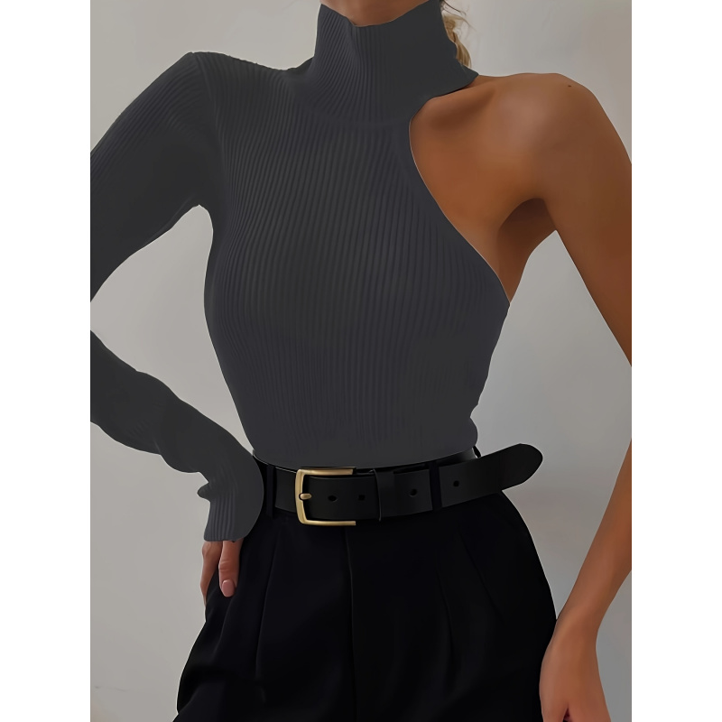 ソリッドアシンメトリーワンショルダーリブニット長袖ボディスー - Winter Clothing For Women のレビューと価格