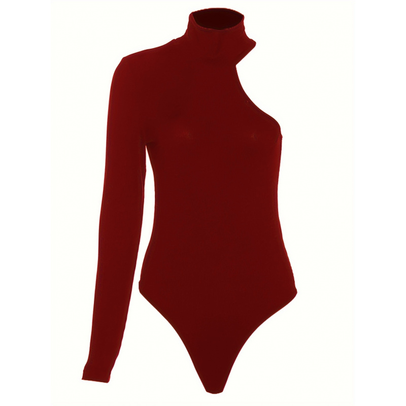 ソリッドアシンメトリーワンショルダーリブニット長袖ボディスー - Winter Clothing For Women のレビューと価格