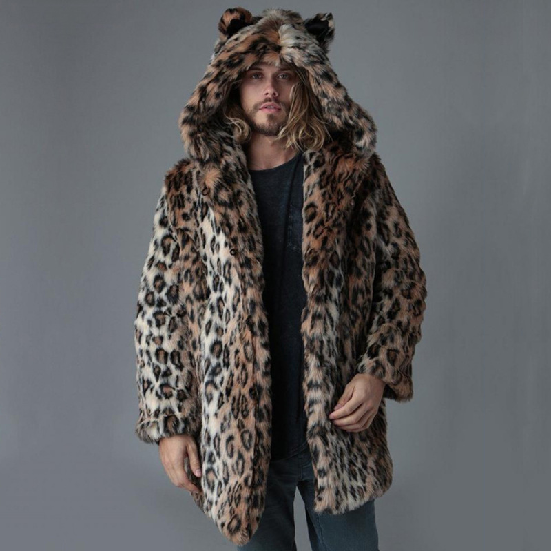 メンズフェイクファージャケット冬コート厚手フード付きレオパー - Winter Clothing Matching のレビューと価格