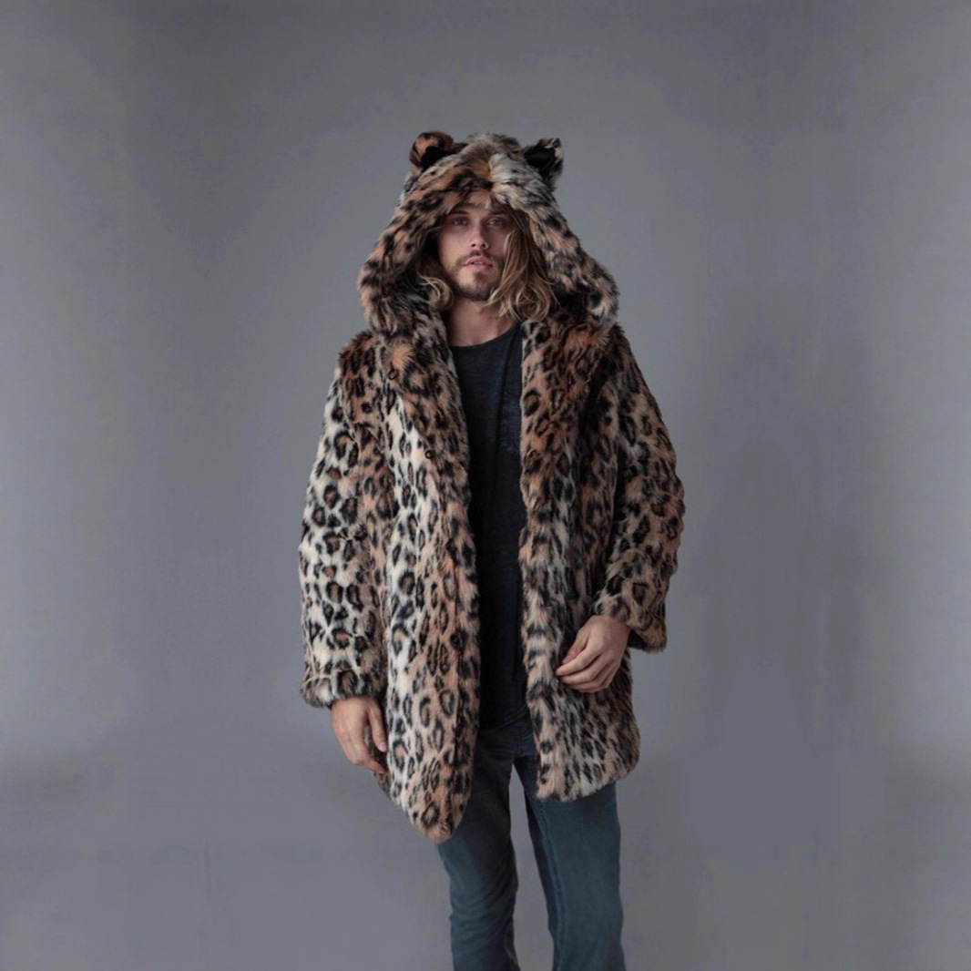メンズフェイクファージャケット冬コート厚手フード付きレオパー - Winter Clothing Matching のレビューと価格
