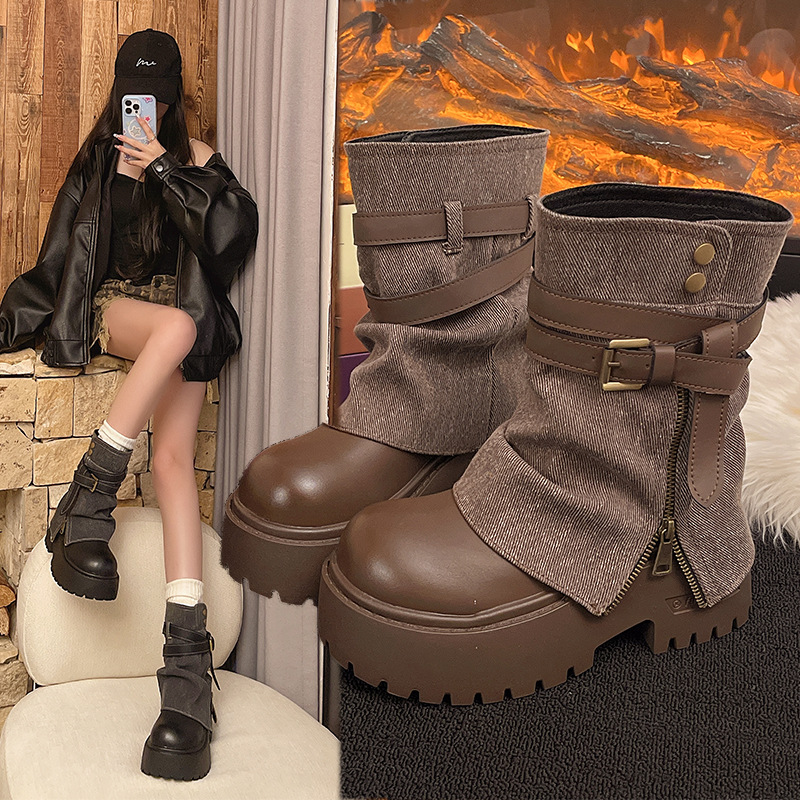 女性のためのアンクルブーツカウボーイフラットプラットフォーム - Winter Clothing For Women のレビューと価格