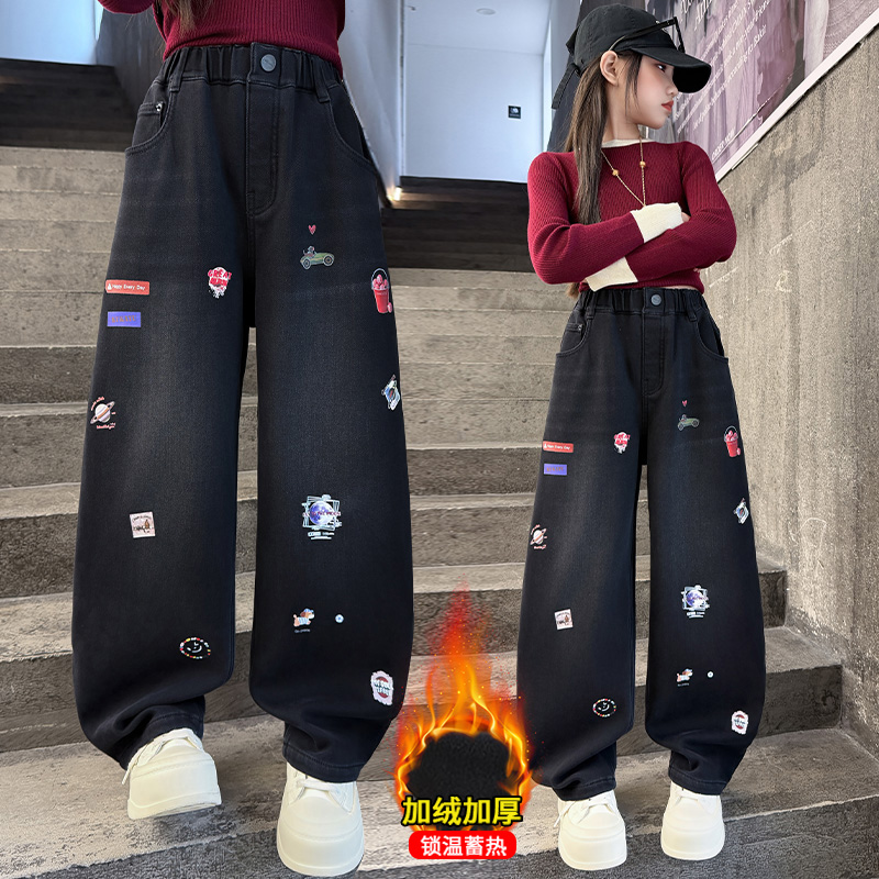 秋の女の子のジーンズ漫画刺繍子供デニムパンツ新しい子供ルーズ - Winter Clothing Drawing のレビューと価格