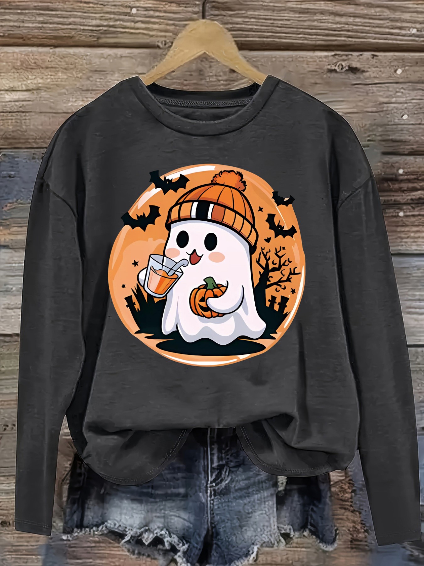 レディースカジュアル長袖クルーネックTシャツ、かわいいゴース - Winter Clothing Usa のレビューと価格