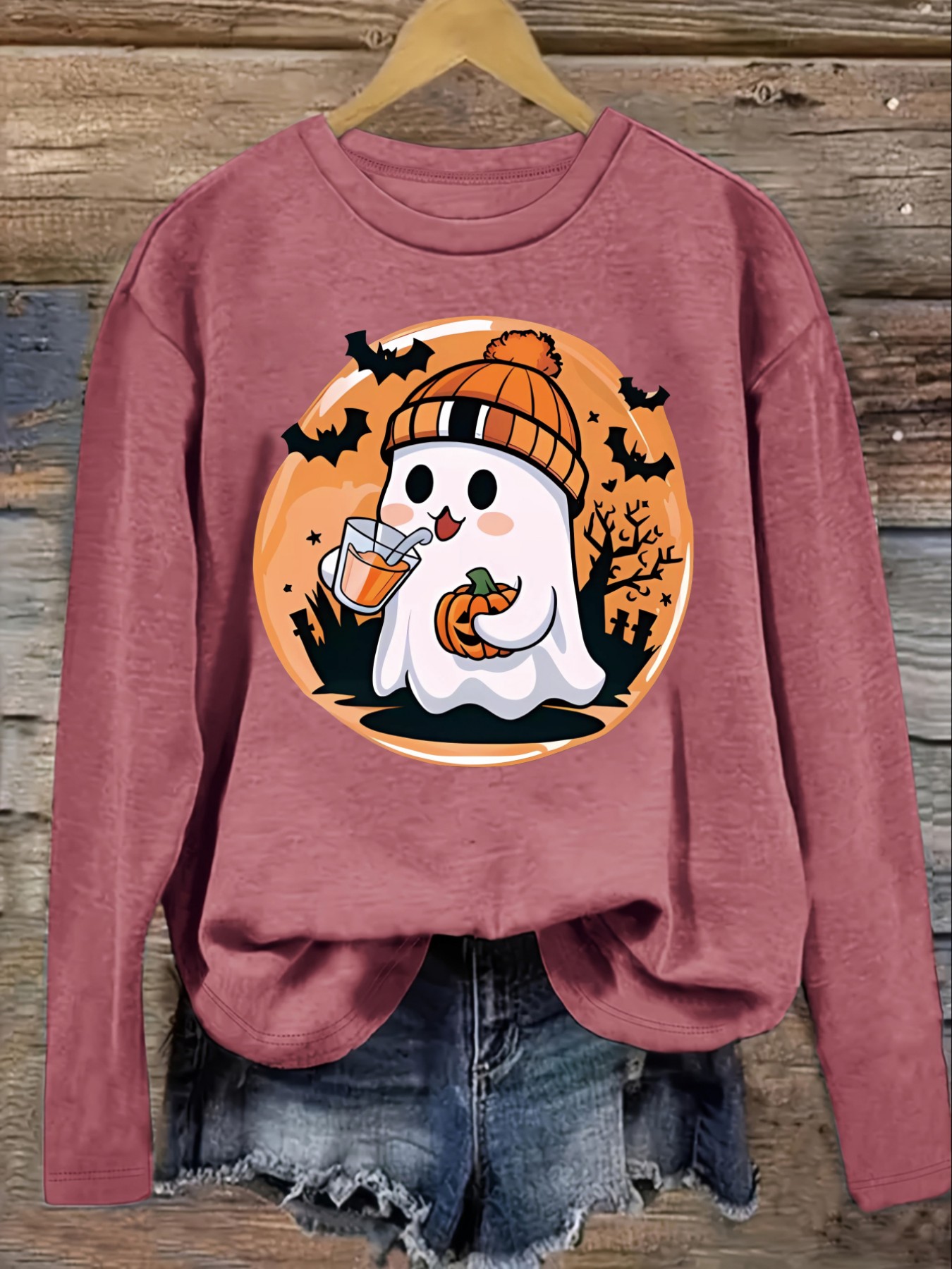 レディースカジュアル長袖クルーネックTシャツ、かわいいゴース - Winter Clothing Usa のレビューと価格