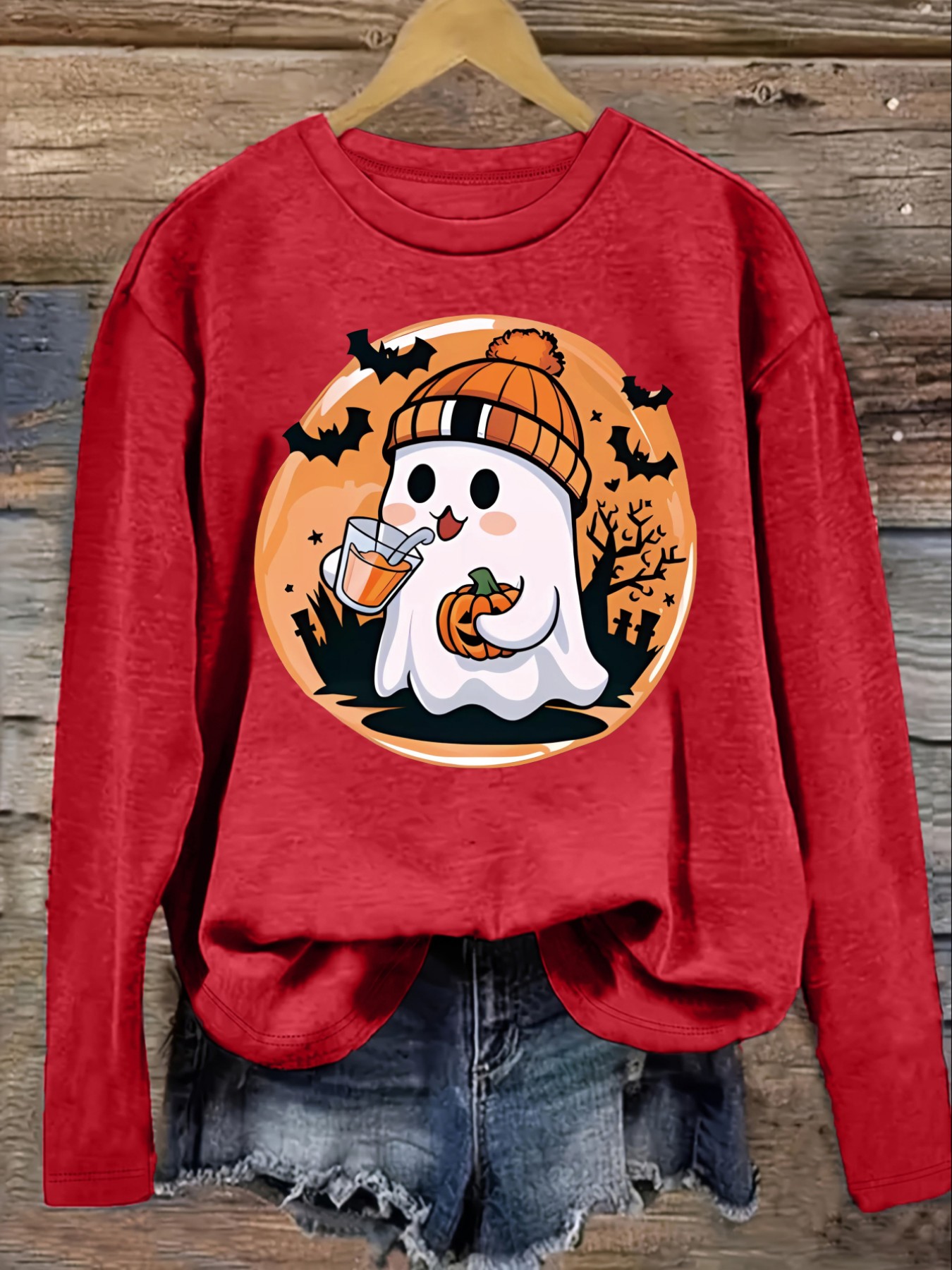 レディースカジュアル長袖クルーネックTシャツ、かわいいゴース - Winter Clothing Usa のレビューと価格