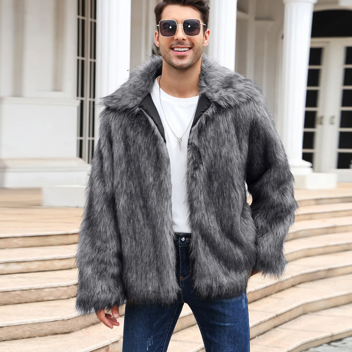 男性フェイクフォックスファージャケットコート冬厚いふわふわ長 - Winter Clothing Matching のレビューと価格