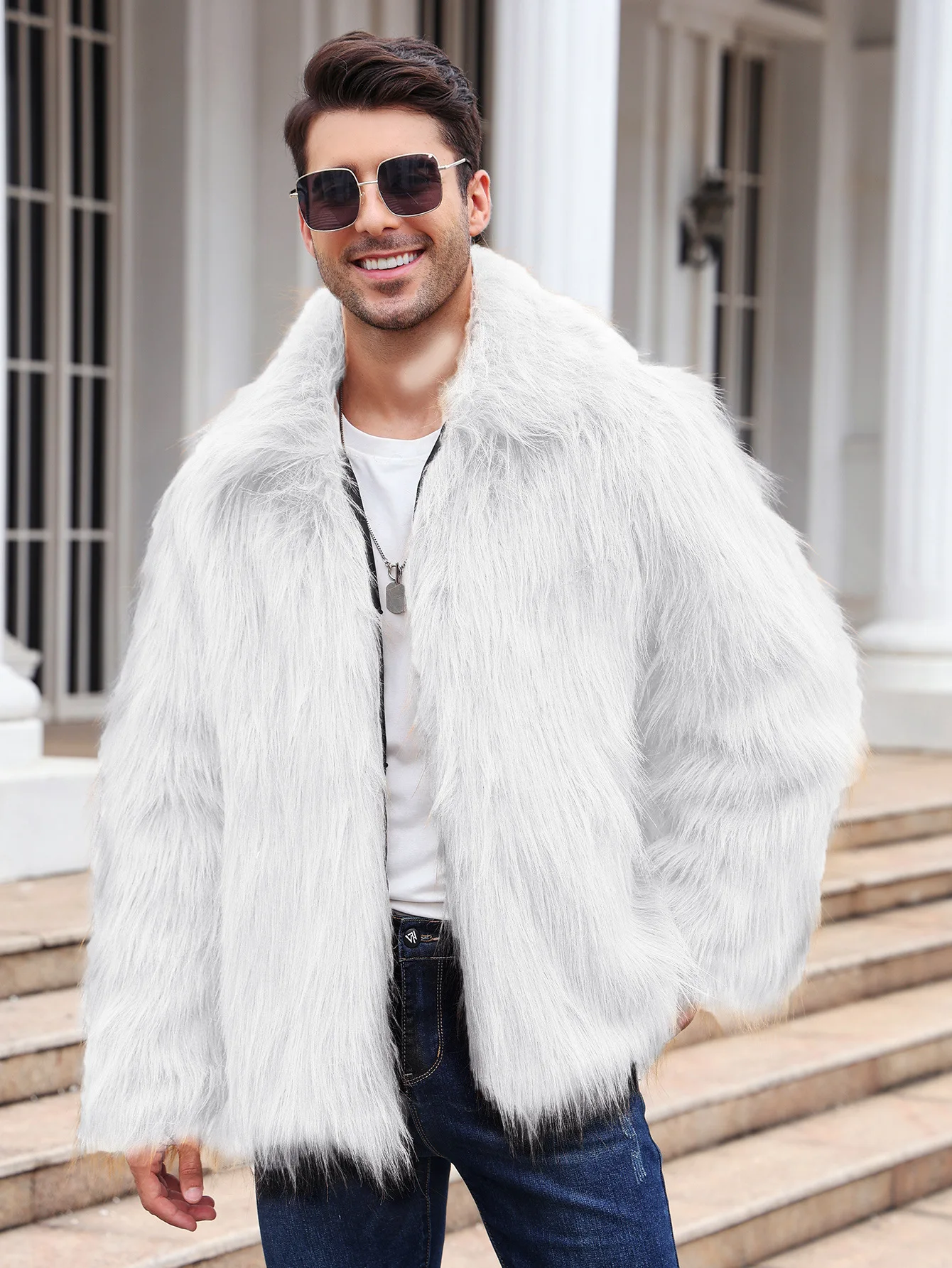 男性フェイクフォックスファージャケットコート冬厚いふわふわ長 - Winter Clothing Matching のレビューと価格