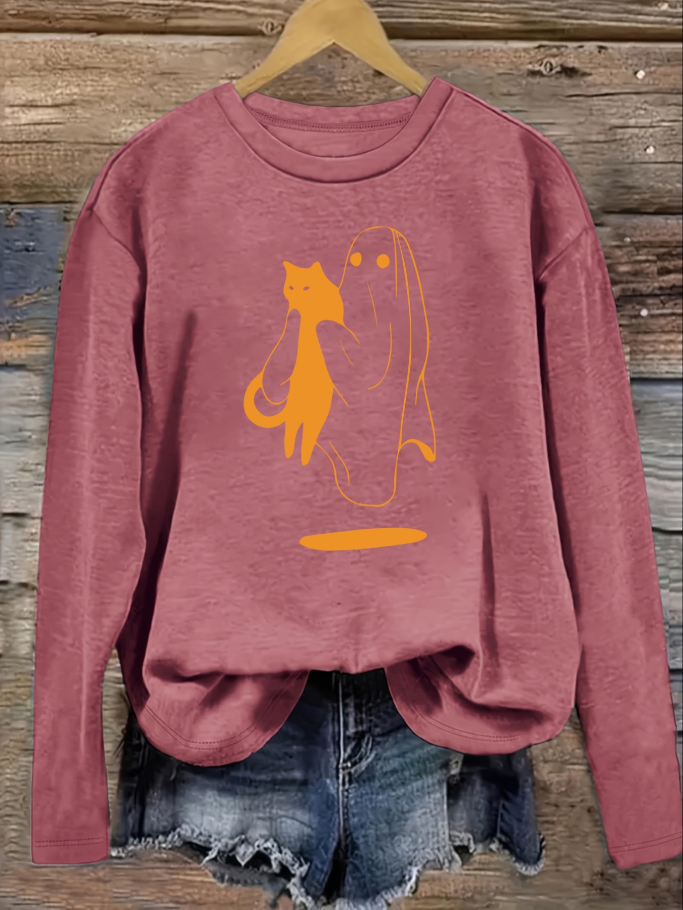 レディースカジュアル長袖クルーネックTシャツ、オレンジ色のゴ - Winter Clothing Usa のレビューと価格