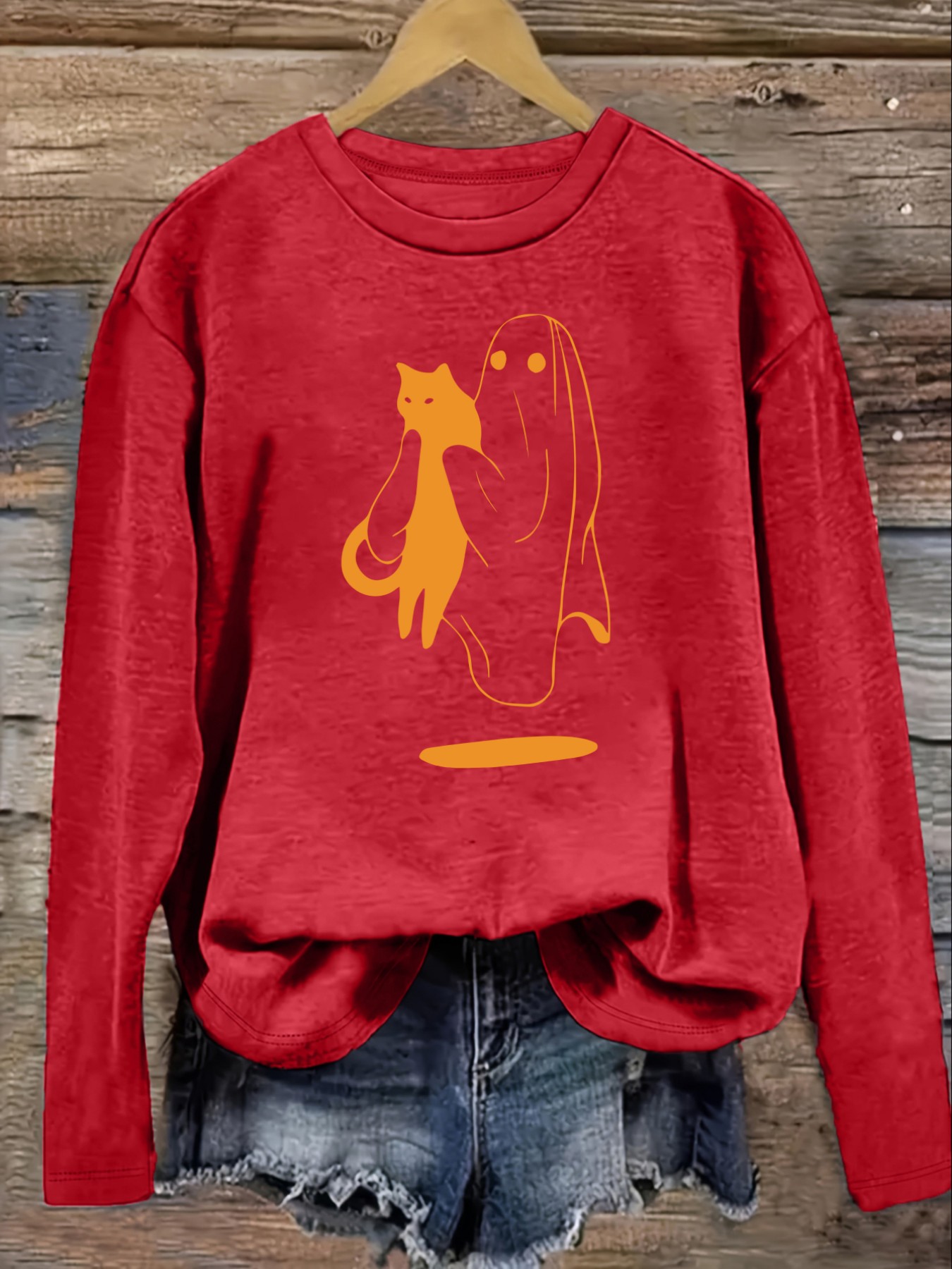 レディースカジュアル長袖クルーネックTシャツ、オレンジ色のゴ - Winter Clothing Usa のレビューと価格